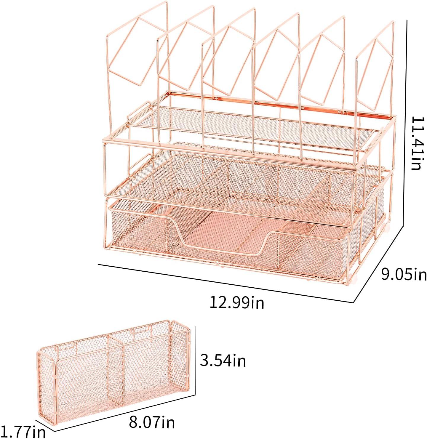 Desk Organizers and Desk Accessories - Rose Gold Desk Organizer with File Sorters, File Organizer with Drawer, Desk Accessories & Workspace Organizers for School Office Supplies