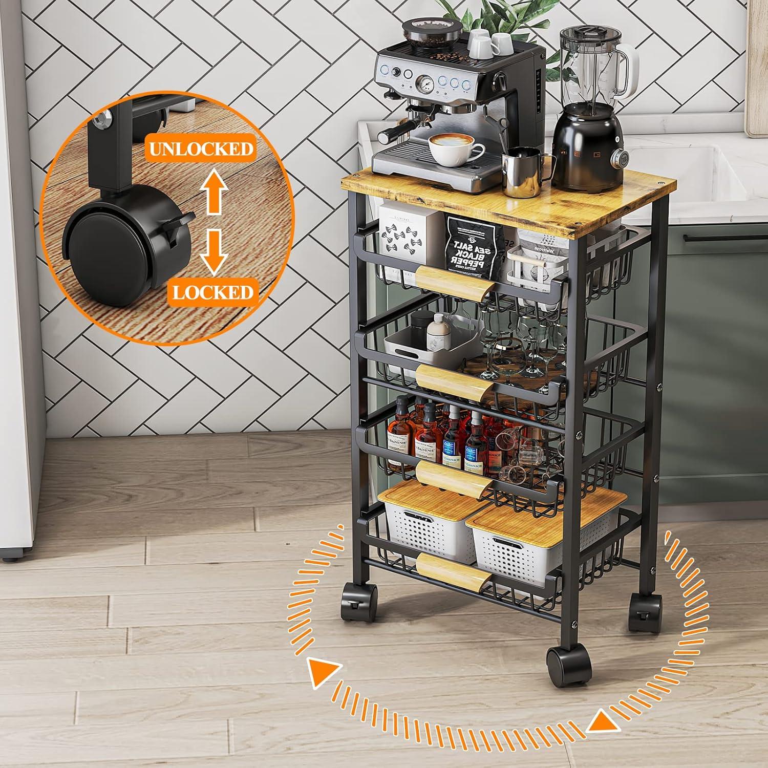 Black Metal and Wood 5-Tier Kitchen Storage Cart