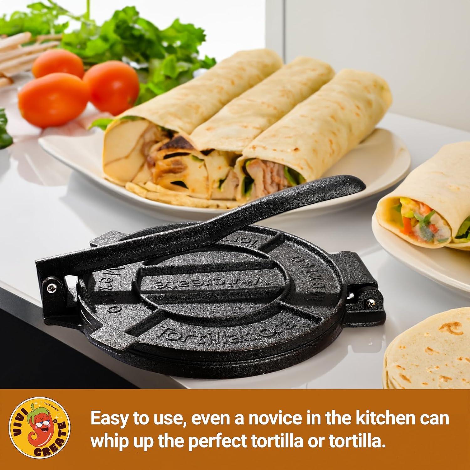Chef Tacos Authentic Cast Iron Tortilla Press, 8 inch, Pre-Seasoned for a Flavorful, Fresh, Warm Corn or Flour Tortilla