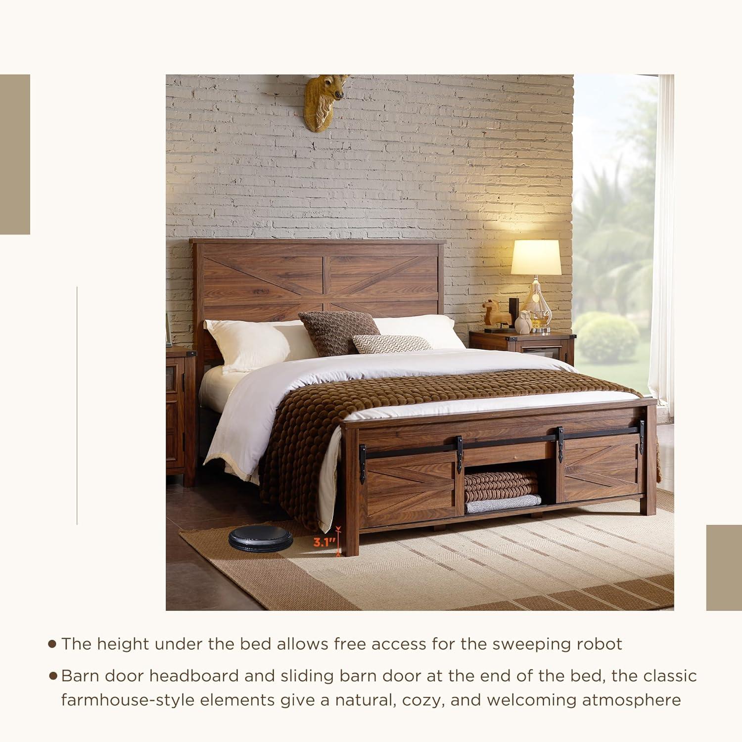 Argana Farmhouse Wood Bed Frame with Headboard and Sliding Barn Door Storage Cabinets
