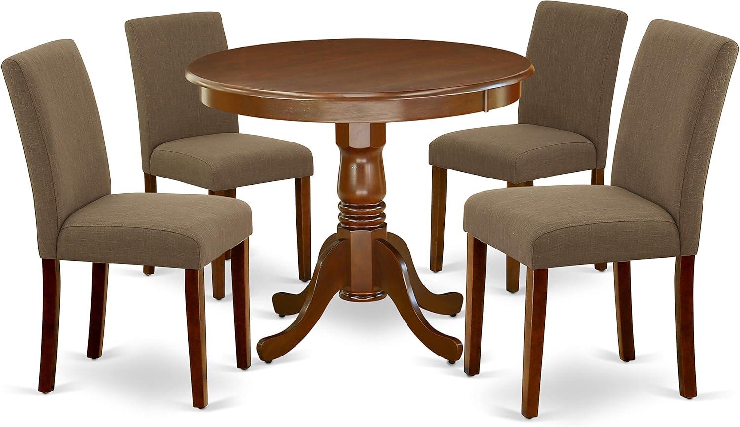 Mahogany 36" Round Dining Set with Coffee Linen Upholstered Chairs