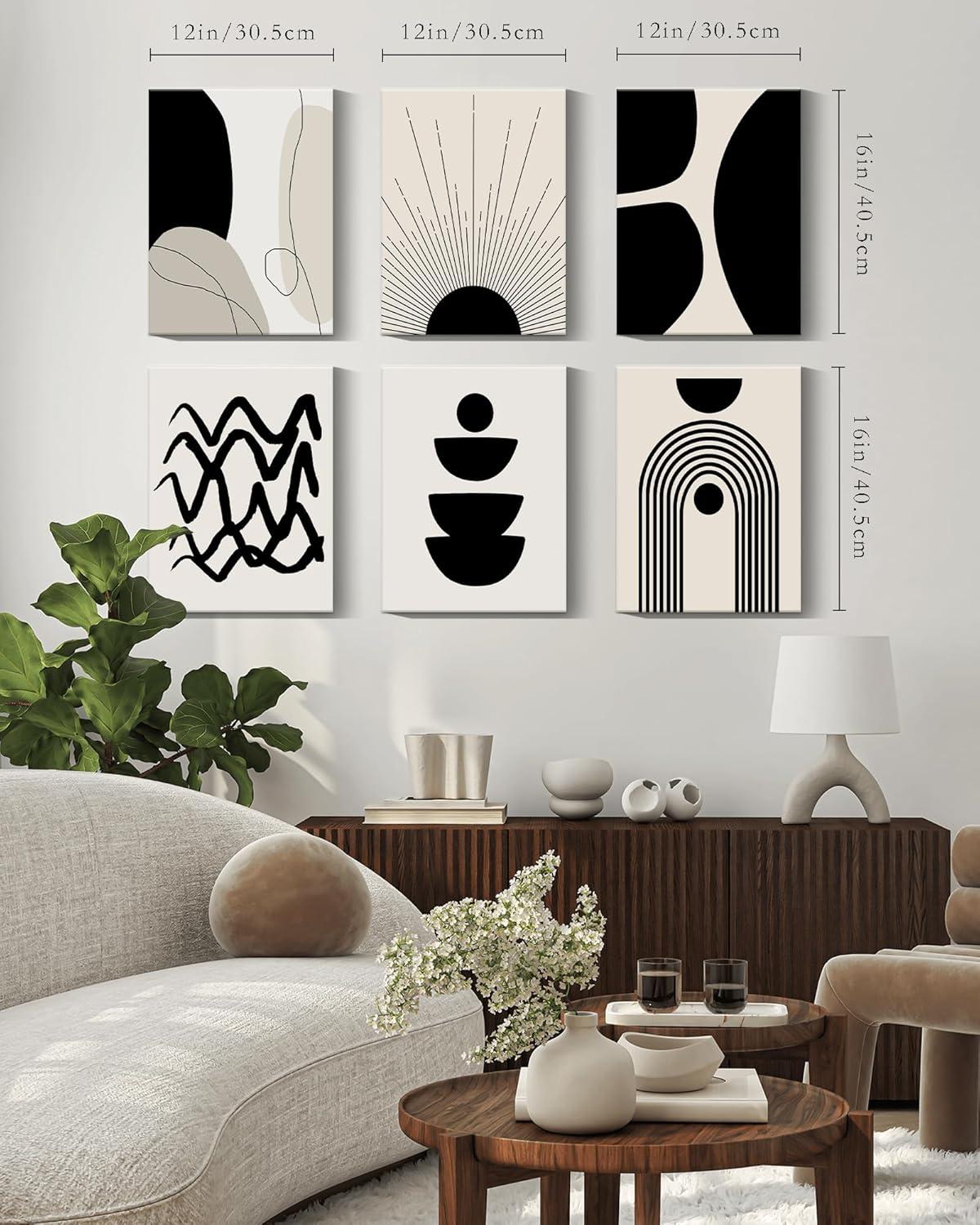 Abstract Boho Wall Art Minimalist Geometric 𝗙𝗿𝗮𝗺𝗲𝗱 Wall Decor 12x16in Boho Room Decor Black Brown Beige Line Art Canvas Painting Mid Century Modern Prints Bohemian Posters for Living Room