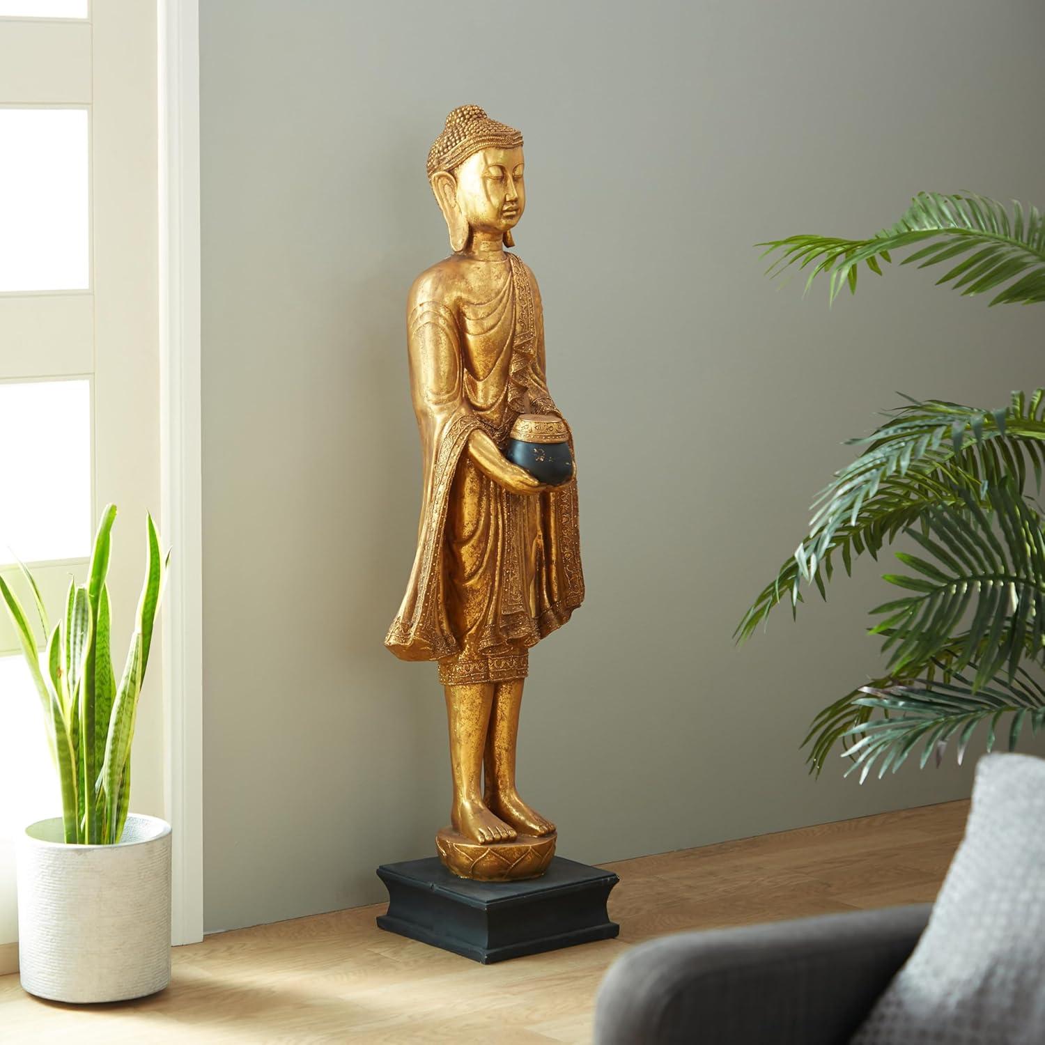 16" x 54" Gold Resin Meditating Buddha Sculpture with Engraved Carvings and Relief Detailing, by DecMode