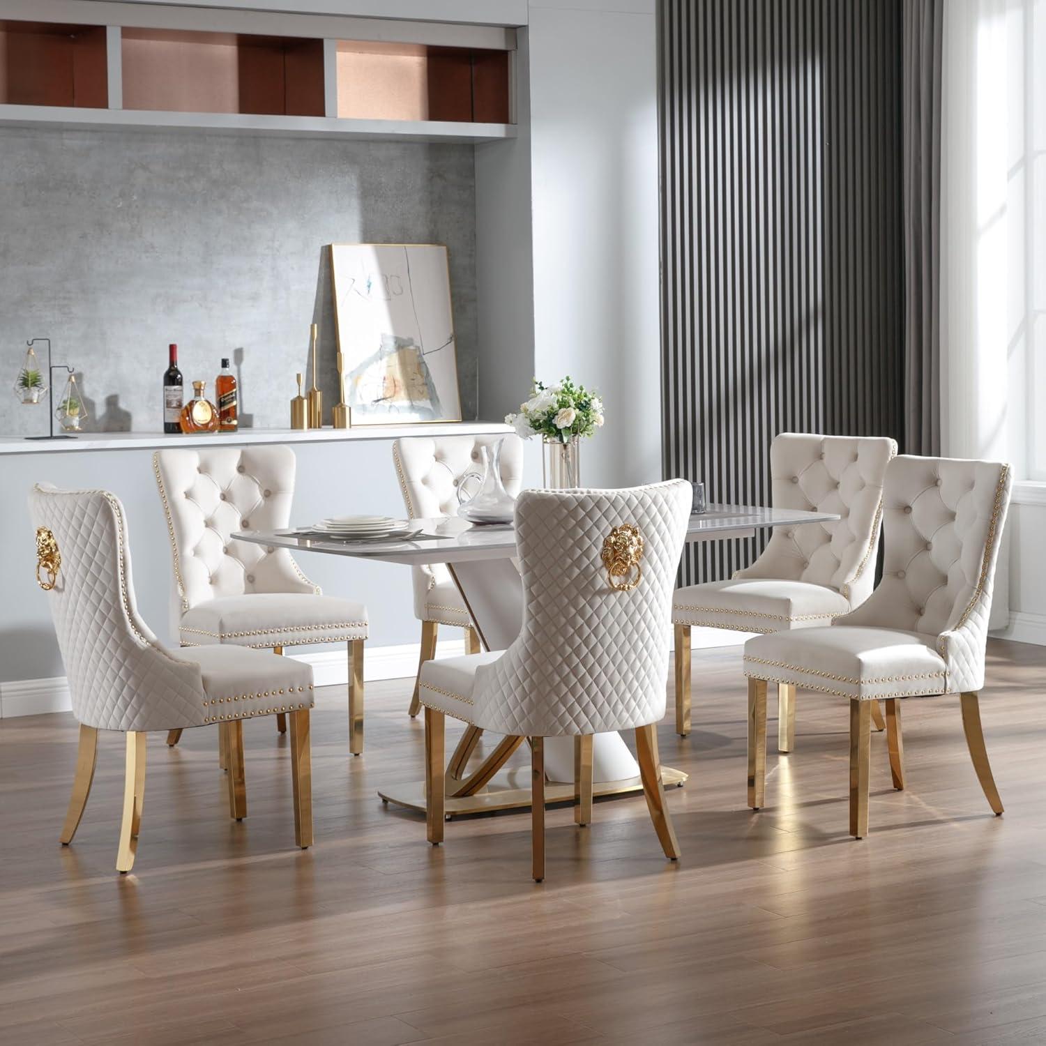 SoarFlash Velvet Dining Chairs Set of 4, Tall Back Side Chair, Modern Upholstered High-end Tufted Side Chair with Button Back Ring, Solid Wood Legs (Beige)