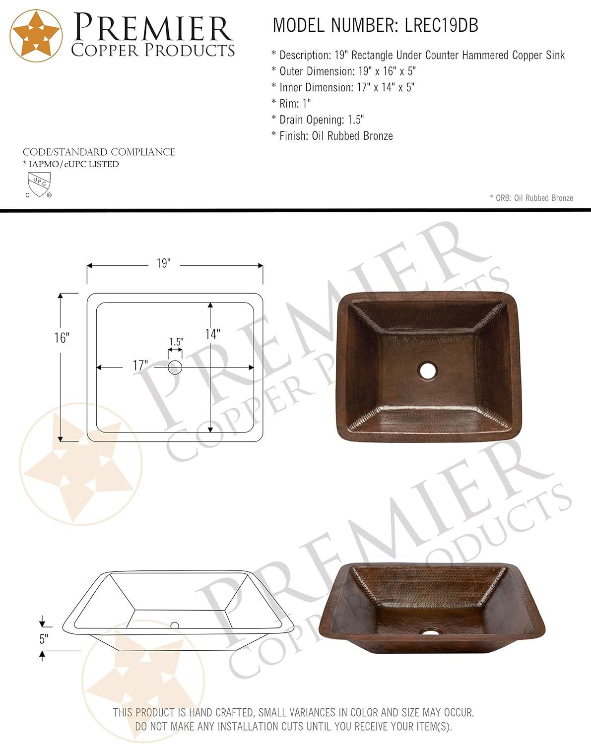 19" Rectangle Under Counter Hammered Copper Bathroom Sink