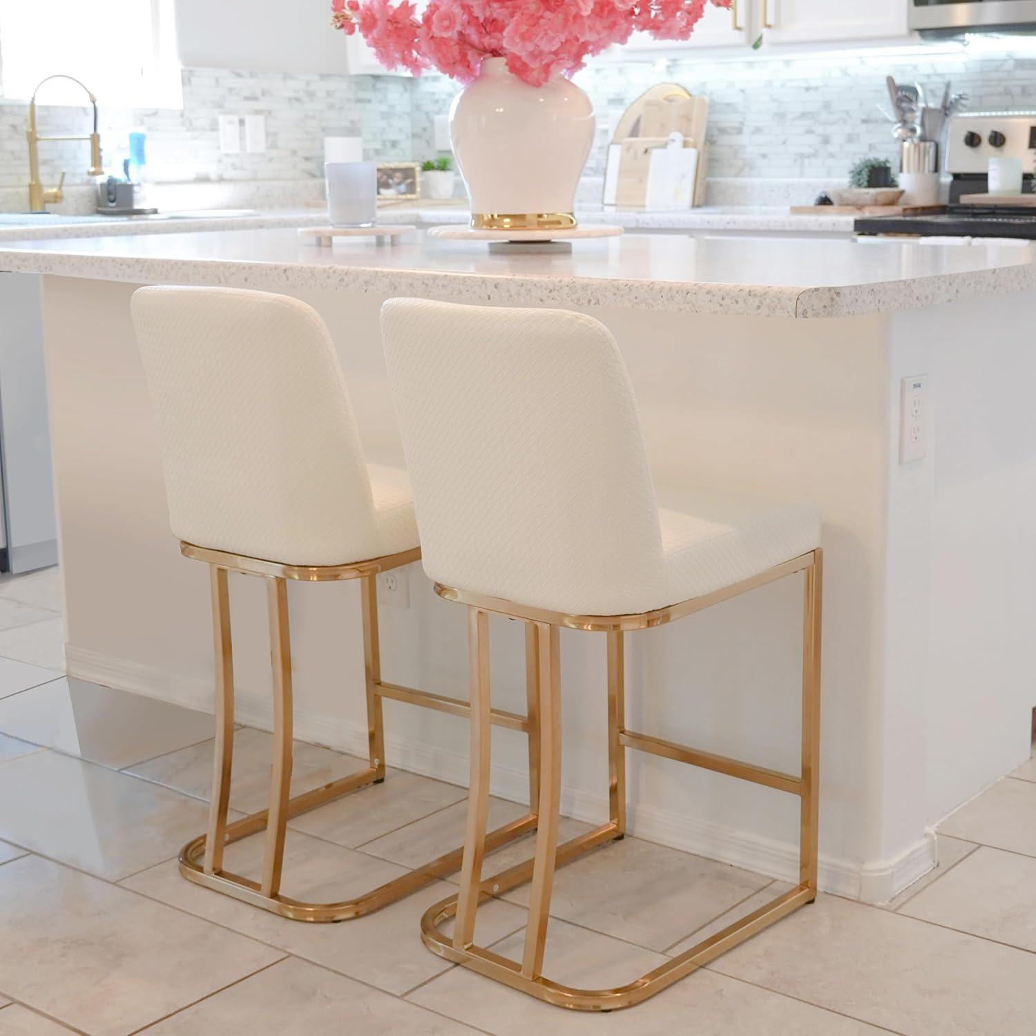 White Faux Leather and Gold Metal Saddle Bar Stools, 26"