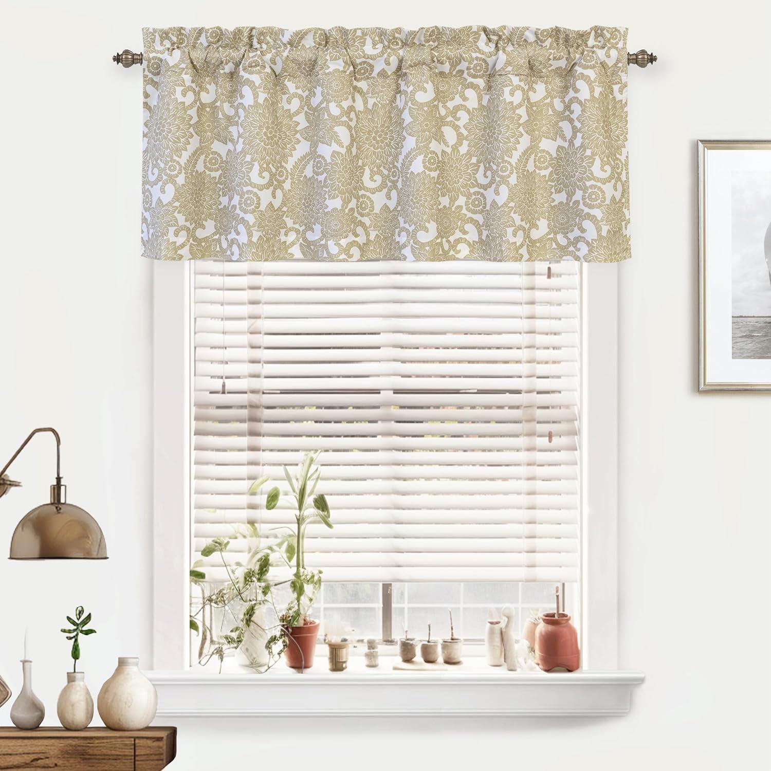 DriftAway Daisy Dahlia Blooming Flower/Floral Lined Thermal Insulated Energy Saving Window Curtain Valance for Living Room/Bedroom/Kitchen, 2 Layers, Rod Pocket, 52"x18"+2’’Header (Navy)