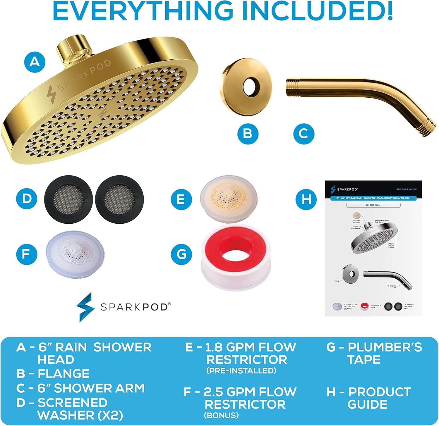 SparkPod 6" Rain Shower Head with 6" Shower Arm - High Pressure Rain - Luxury Modern Look - No Hassle Tool-less 1-Min Installation - Water Saving Shower Head - Luxury Spa Experience (Egyptian Gold)