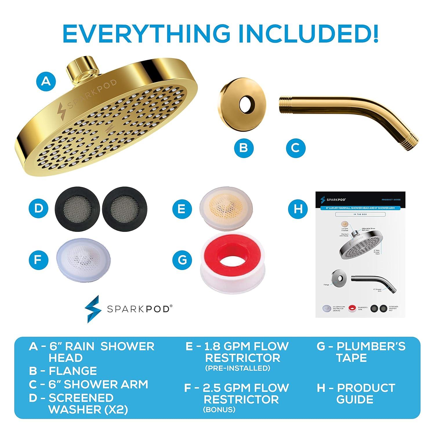 SparkPod 6" Rain Shower Head with 6" Shower Arm - High Pressure Rain - Luxury Modern Look - No Hassle Tool-less 1-Min Installation - Water Saving Shower Head - Luxury Spa Experience (Egyptian Gold)