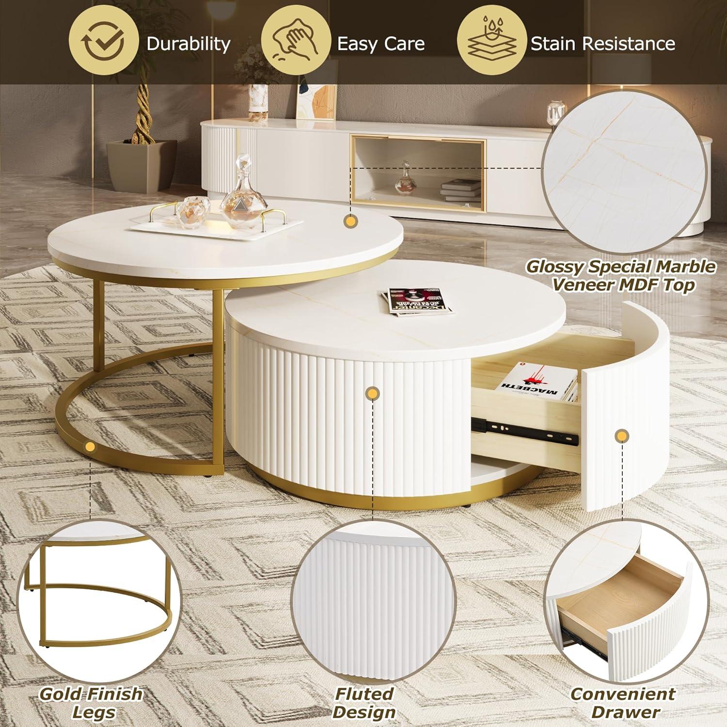 Modern Round Nesting Coffee Table Fluted with Drawer Multiple End Tables Utility Table Telephone Table for Living Room Office Bedroom Balcony, White & Gold