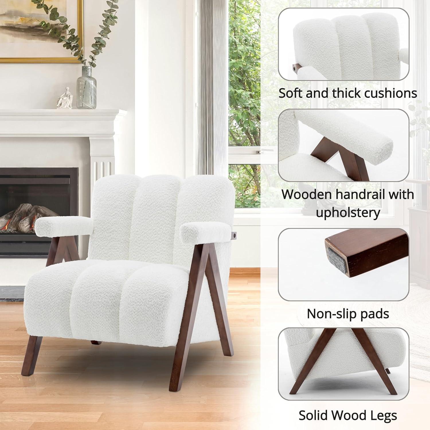 White Velvet Barrel Accent Chair with Wooden Legs