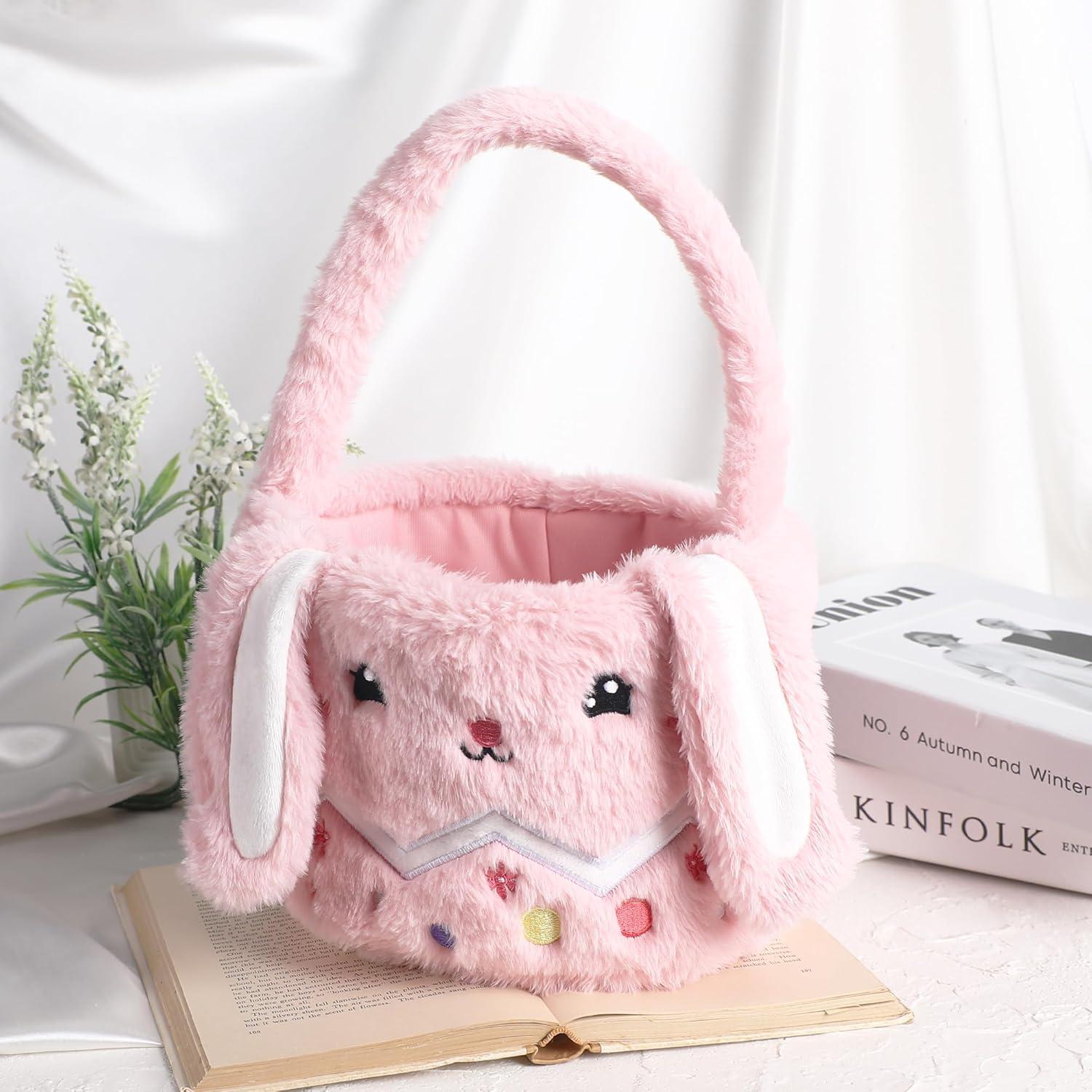 Easter Bunny Tote Bag, Cute Fuzzy Rabbit Ears Soft Plush Candy Handle Bag Eggs Basket Gift Bag for Kids Holiday Decorations