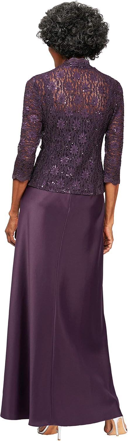 Alex Evenings Women's Long Mock Jacket Dress with Satin Skirt, 8 Eggplant