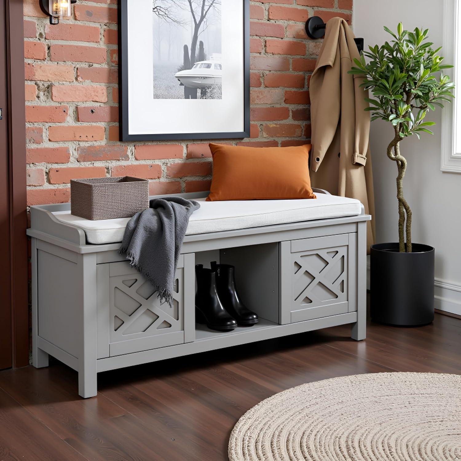 Alaterre Furniture Coventry 45 in. Pine Wood Storage Bench with Cushion, Entryway Organization & Decoration, 3 Adjustable/Removable Cubbies, Gray