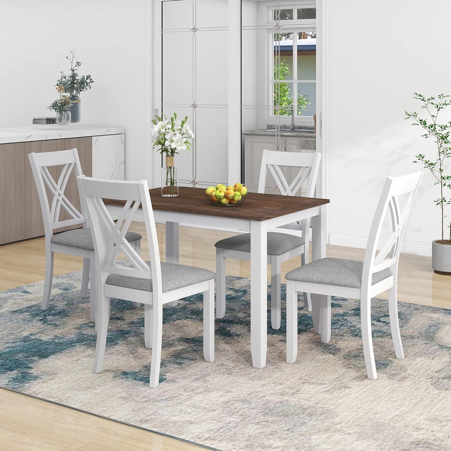 CoSoTower Rustic Minimalist Wood 5-Piece Dining Table Set with 4 X-Back Chairs for Small Places, White