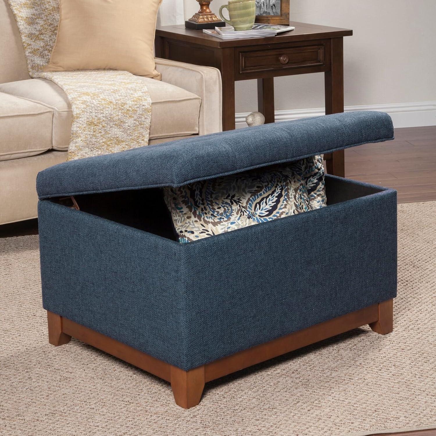 Cocktail Storage Bench Navy - HomePop: Upholstered, Tufted, Wood Base, Honey Oak Finish