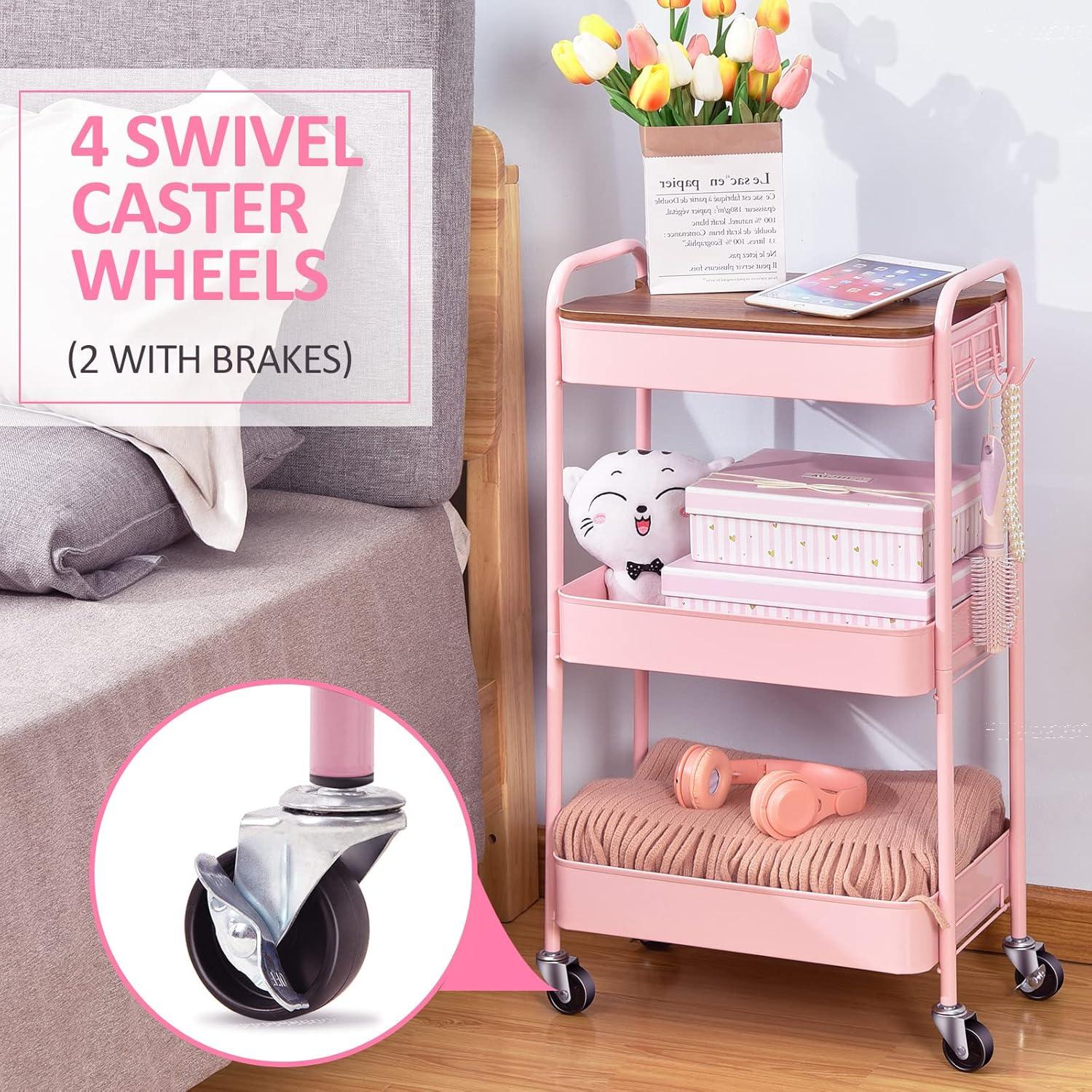 Pink Metal 3-Tier Rolling Utility Cart with Wooden Top