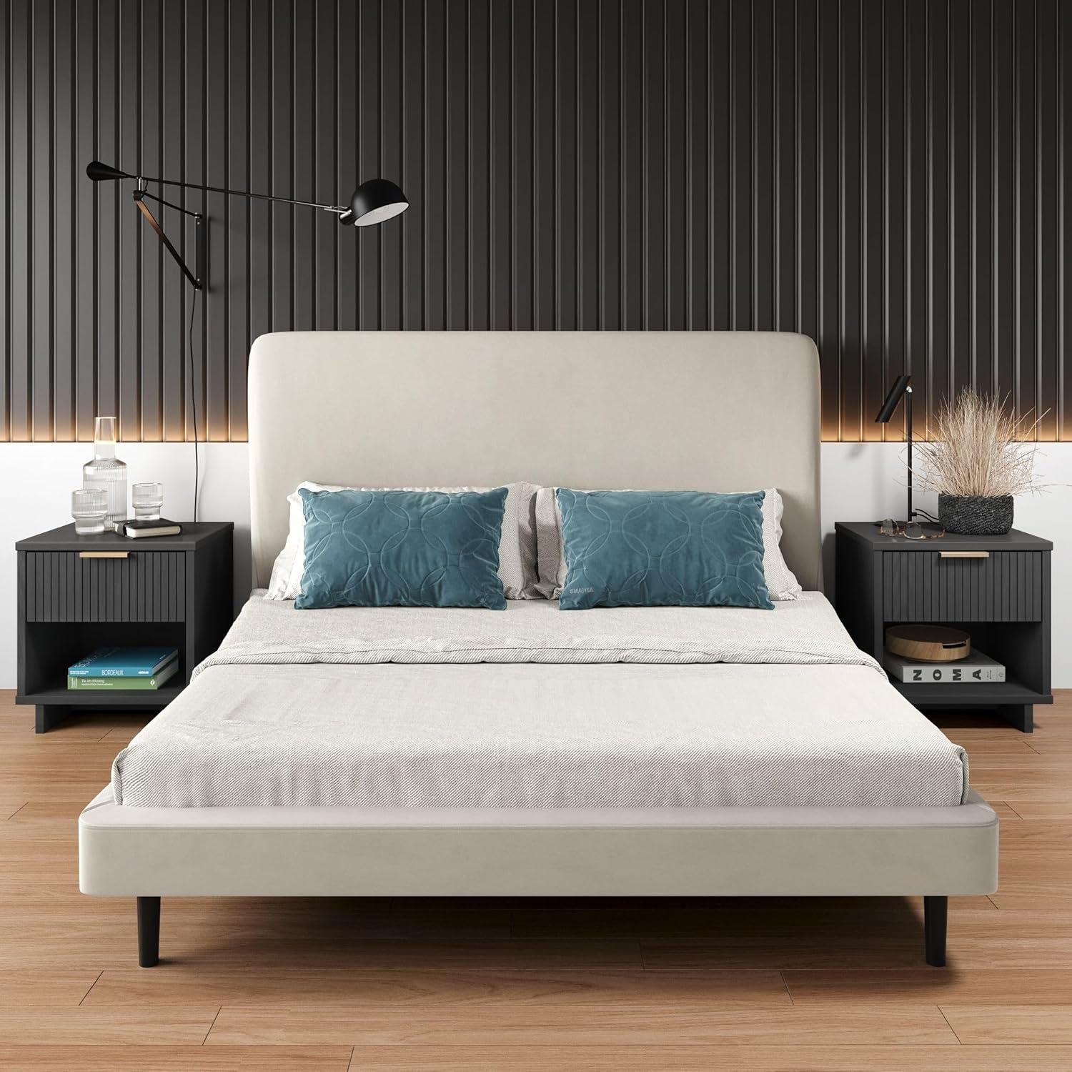 Manhattan Comfort Granville Modern 1 Drawer Nightstand Dark Gray : Bedroom Storage with Shelf, Wood Frame