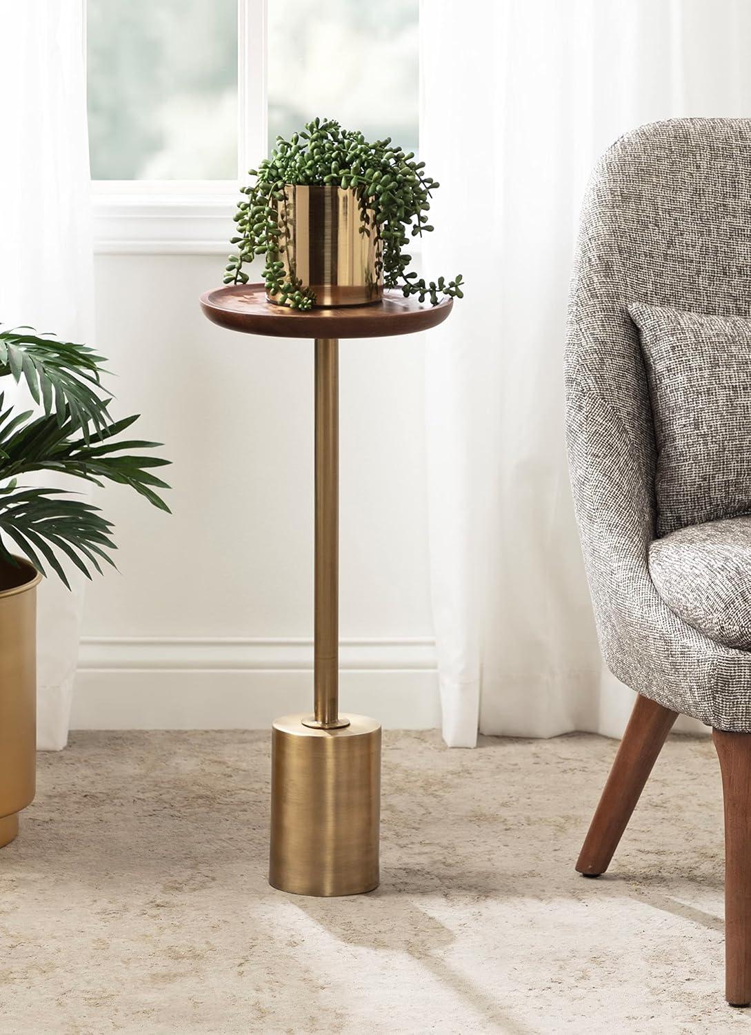 Walnut Brown and Antique Brass Round Wood and Metal Drink Table