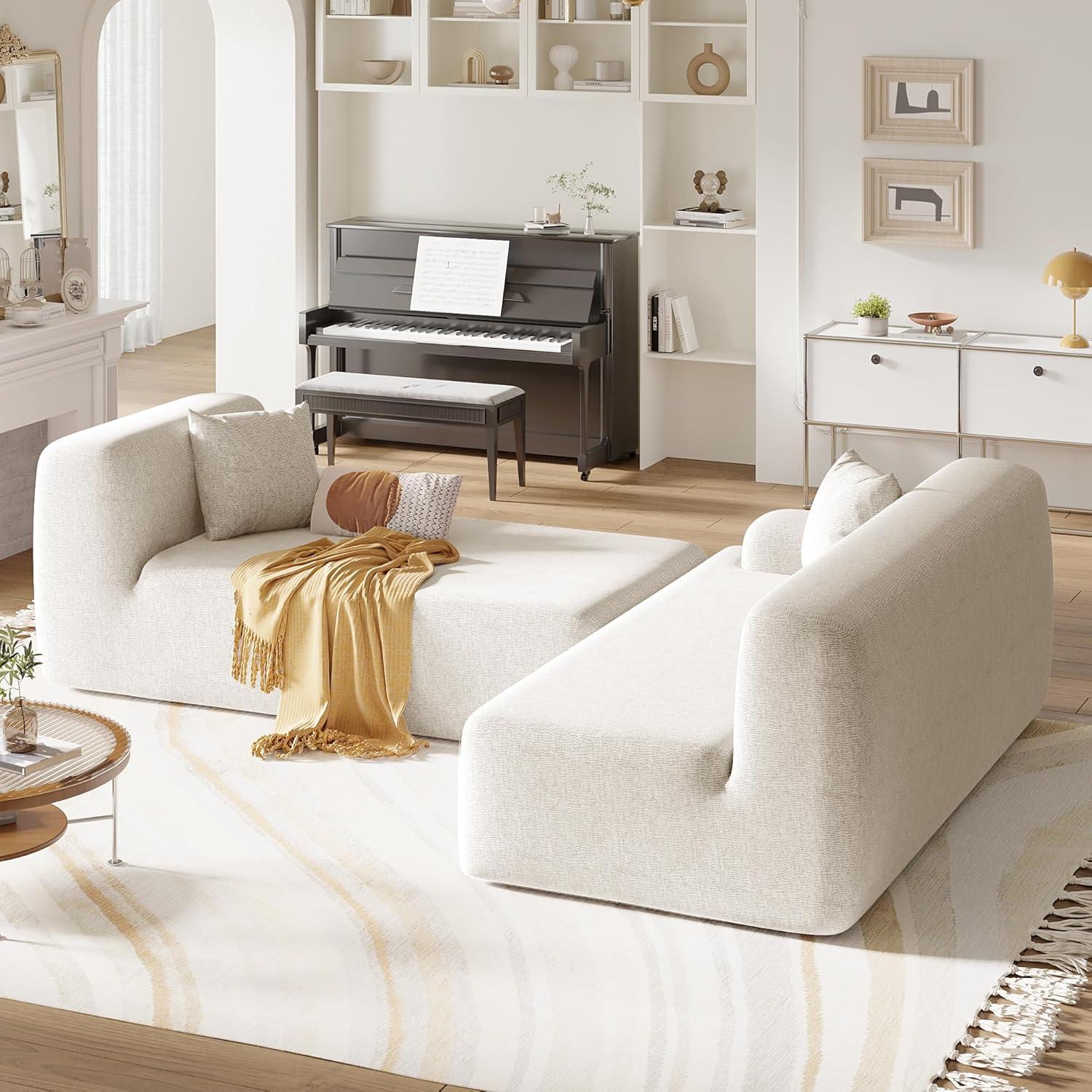 P PURLOVE L-Shape Sectional Sofa, Modern Minimalist Style Sectional Sofa Couch with 2 Free Pillows, 3-Seat Chenille Fabric Couch with Chaise Lounge for Living Room, Apartment, Office (Beige)