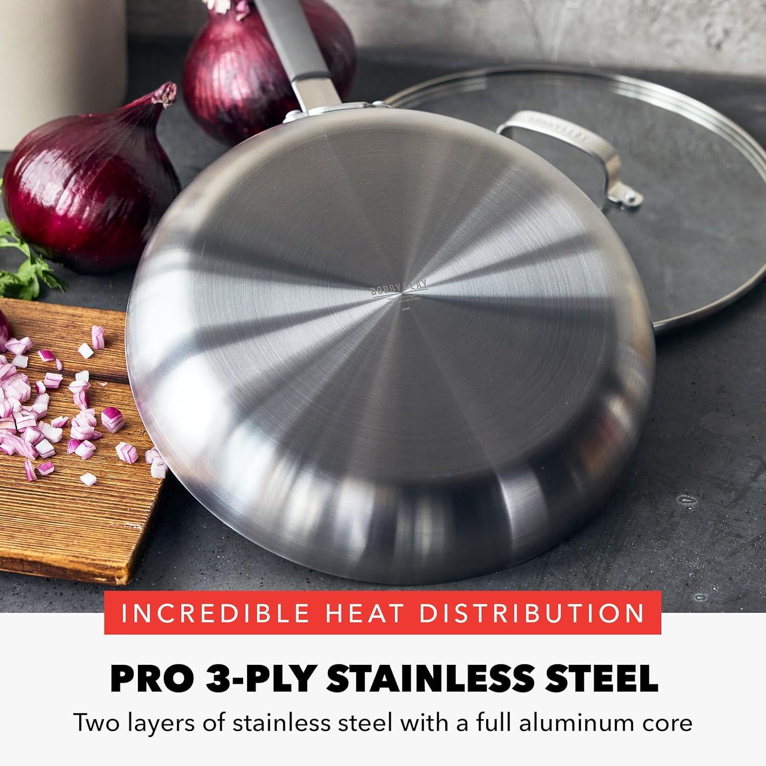 GreenPan x Bobby Flay 12” Stainless Steel Frying Pan with Glass Lid, 3 Ply Stainless Professional Cookware, Induction Suitable