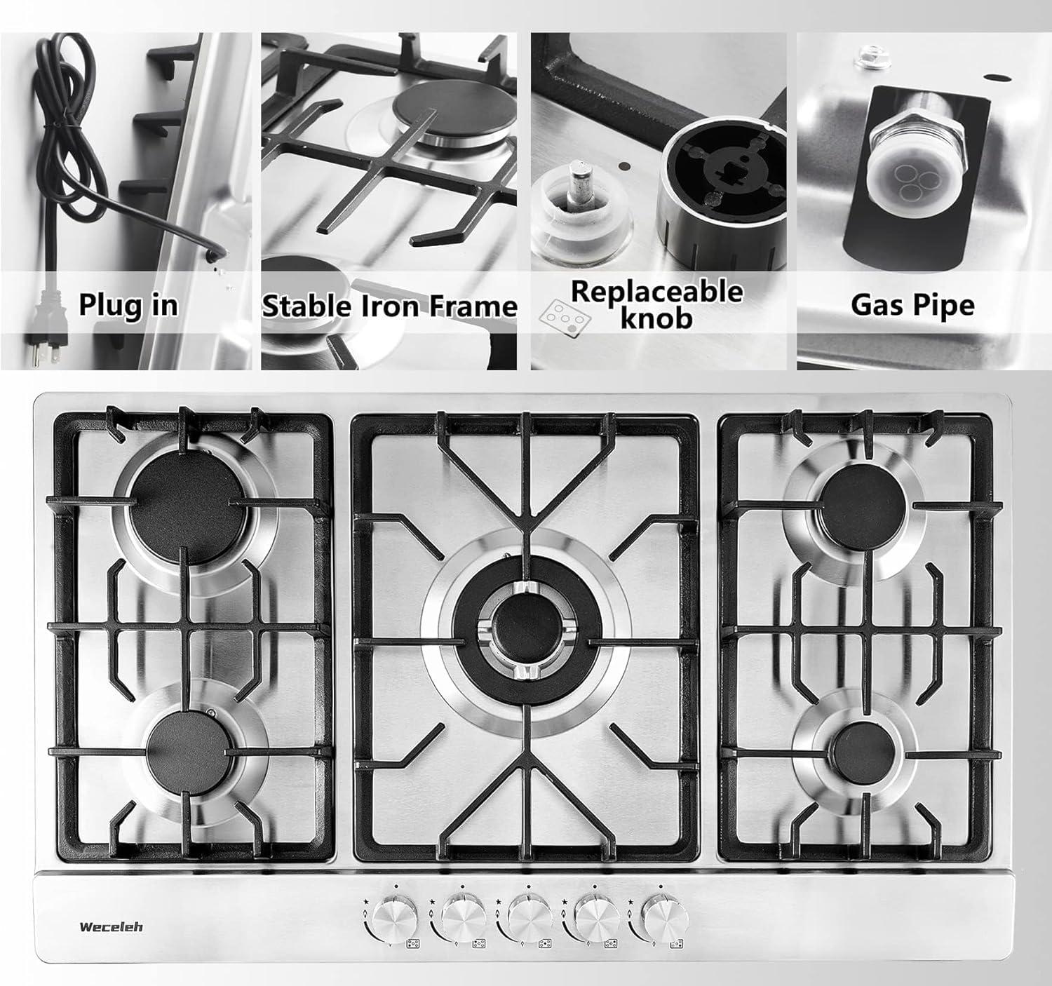 34" Dual Fuel 5 Burner Gas Cooktop with Dual Size Power Burner, Stainless Steel Gas Stove