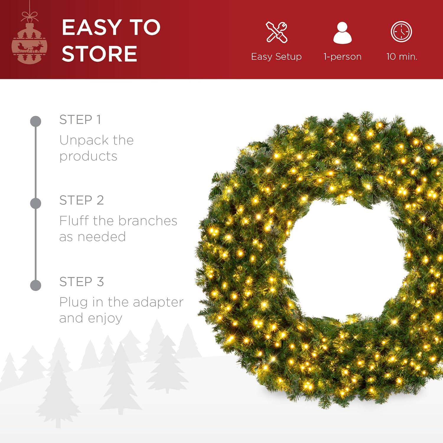 Best Choice Products 36in Artificial Pre-Lit Fir Christmas Wreath Decoration w/ 150 LED Lights, 300 Tips, Power Plug-In