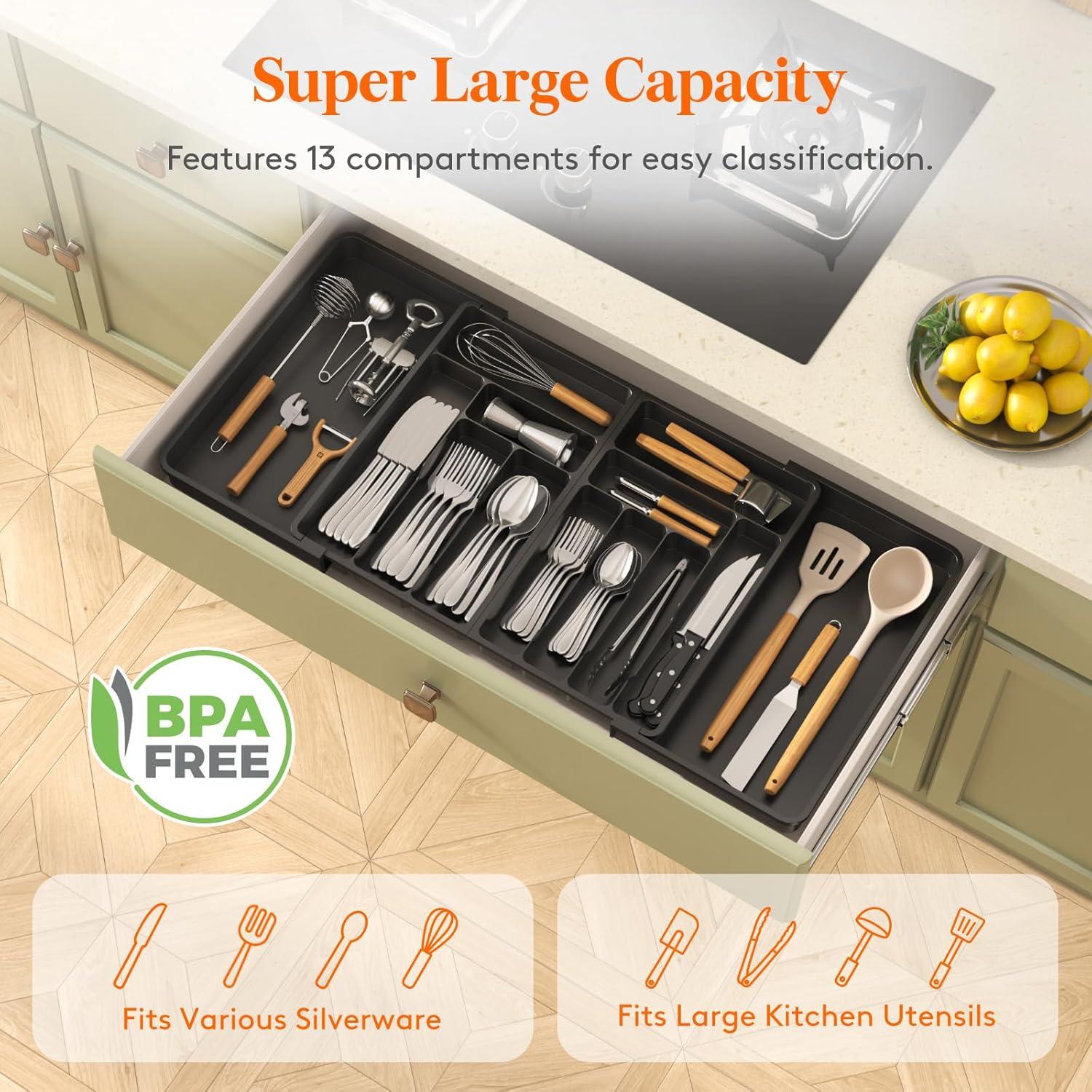 Expandable Black Plastic Silverware Drawer Organizer, 36 Inches Wide