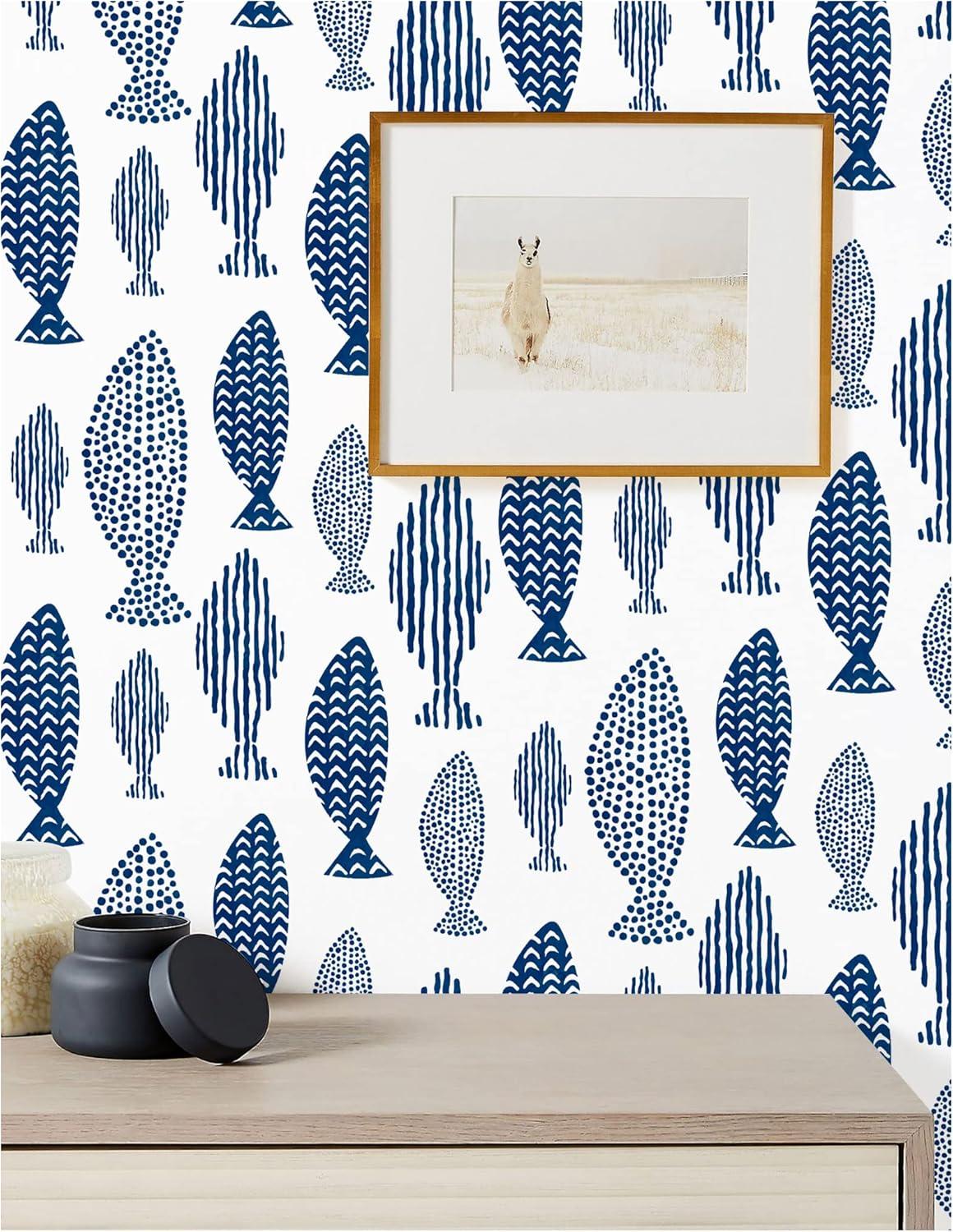 HAOKHOME Peel and Stick Wallpaper Coastal Fish Abstract Underwater World Trellis Navy Blue Removable Contact Paper for Home Bathroom Decorations 17.7in x 32.8ft