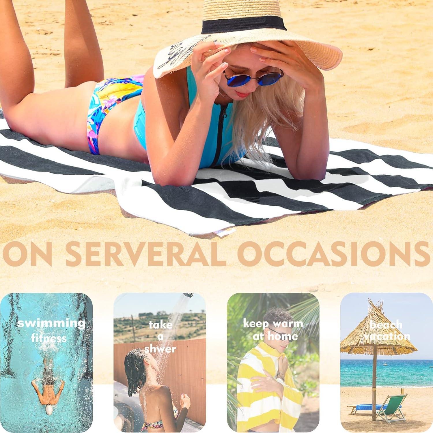 Exclusivo Mezcla Cotton Oversized 35"x70" Cabana Stripe Beach Towel, Super Absorbent Soft Plush Pool Towel, Bath Towel (Charcoal Grey)