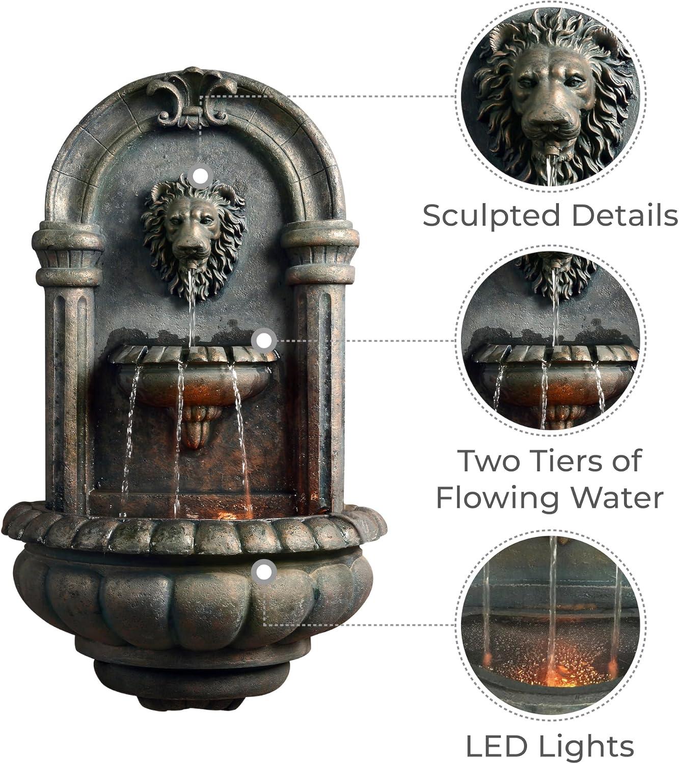 Teamson Home 32.1" Tiered Lion Head Stone LED Outdoor Water Fountain
