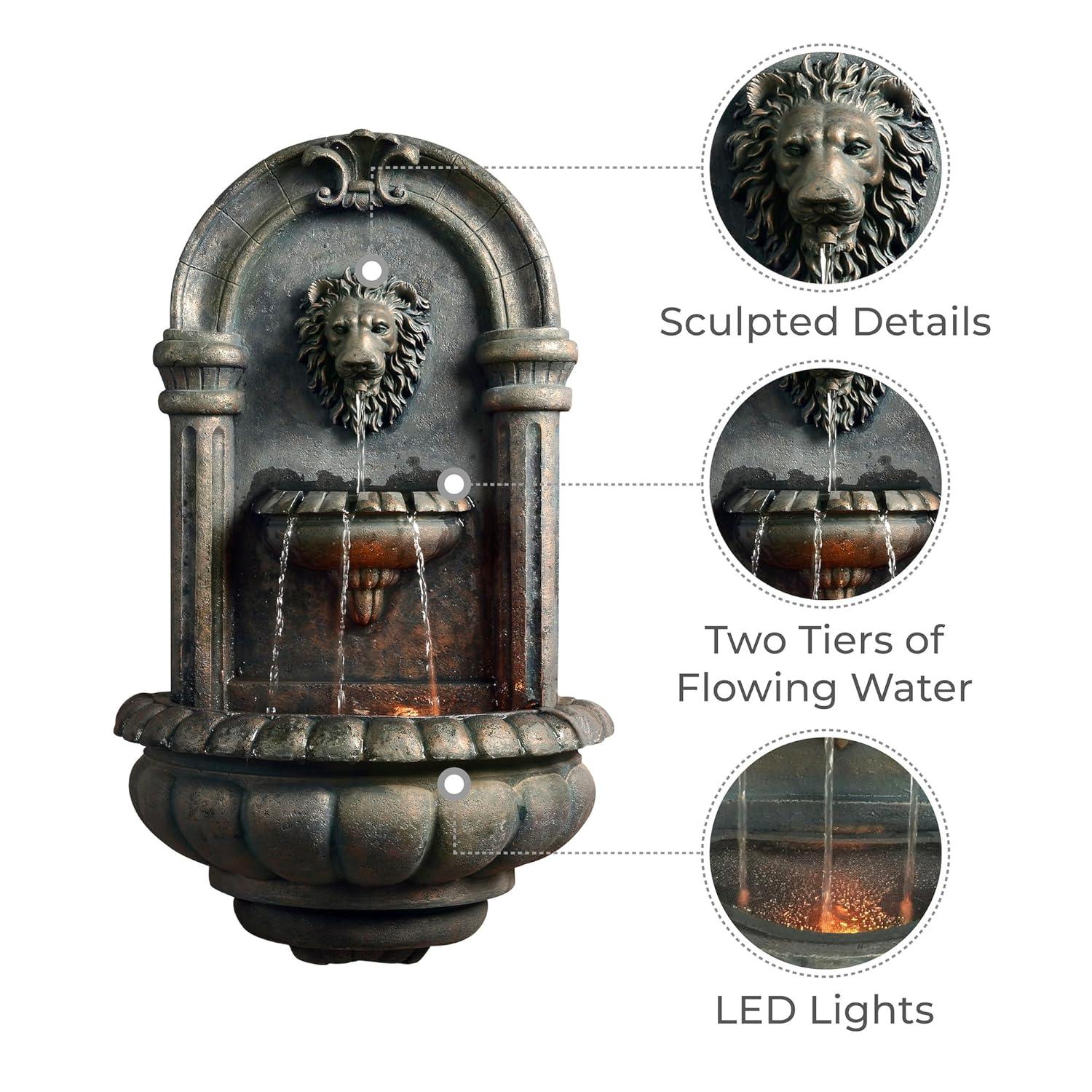 Teamson Home 32.1" Tiered Lion Head Stone LED Outdoor Water Fountain