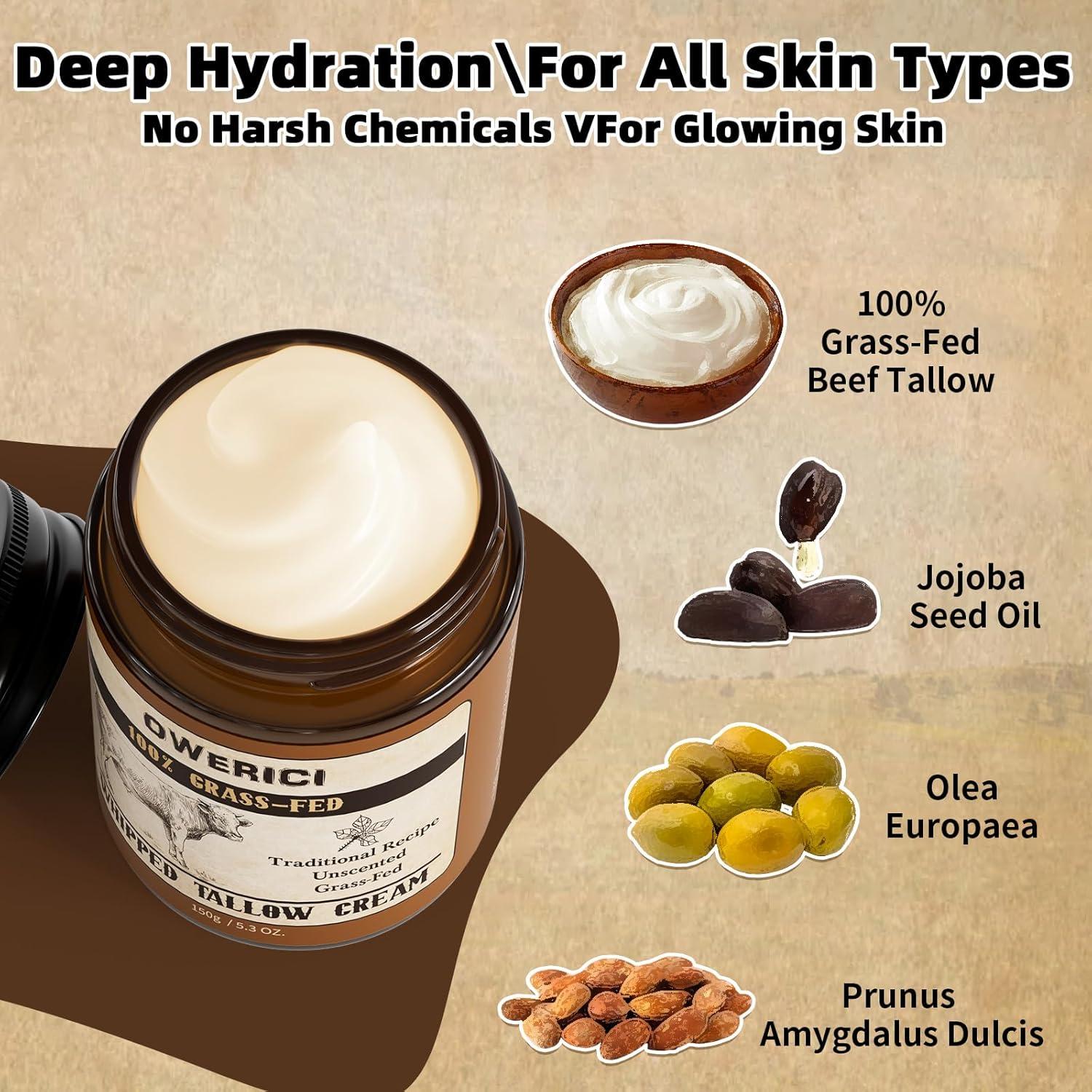 Beef Tallow for Skin, Tallow Face Moisturizer, 100% Grass Fed and Finished, Deeply Moisturizing for Face & Body, Whipped Cream Natural Care for Soft Supple (5.3 OZ., Extra Large)