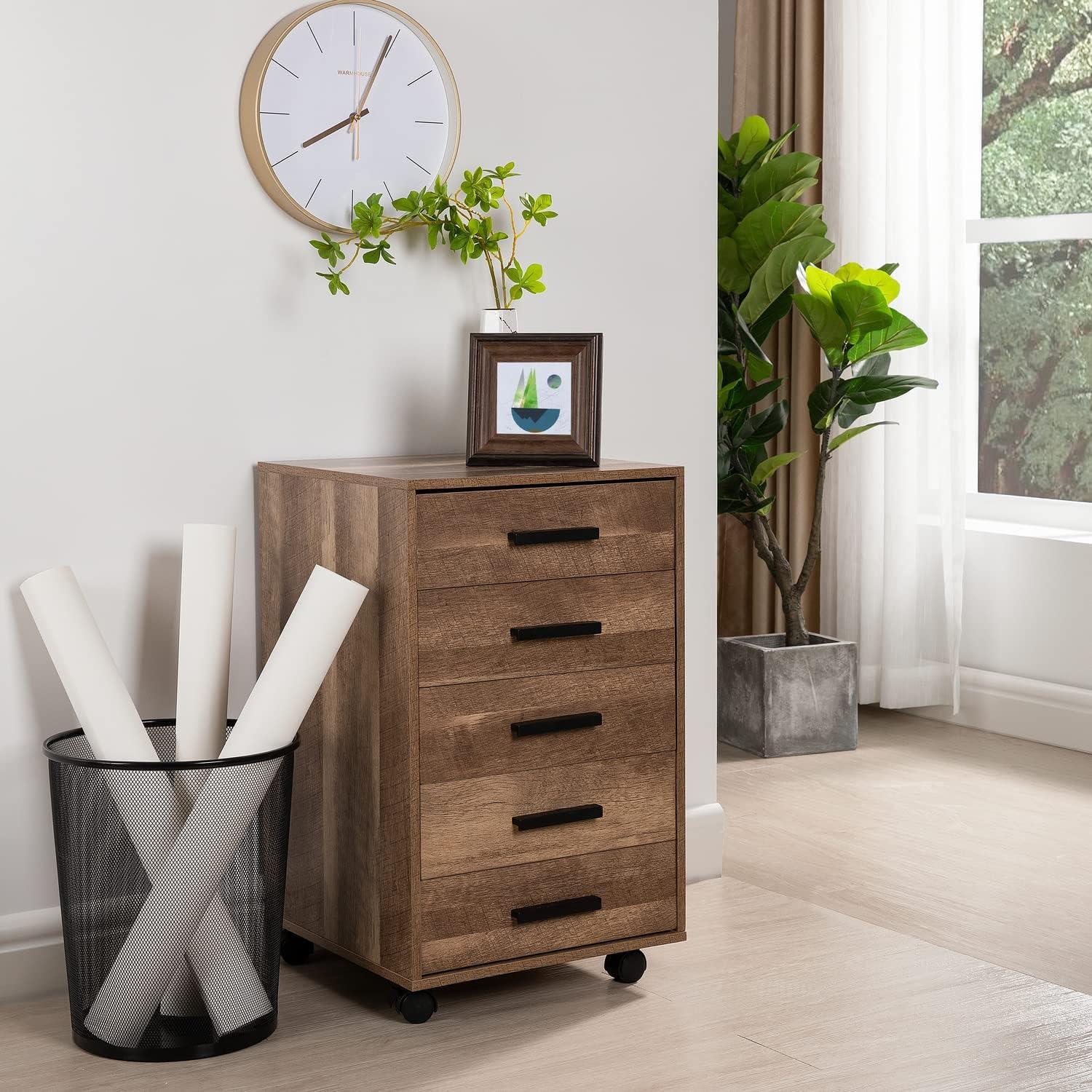 Chestnut MDF 5-Drawer Vertical Dresser with Casters