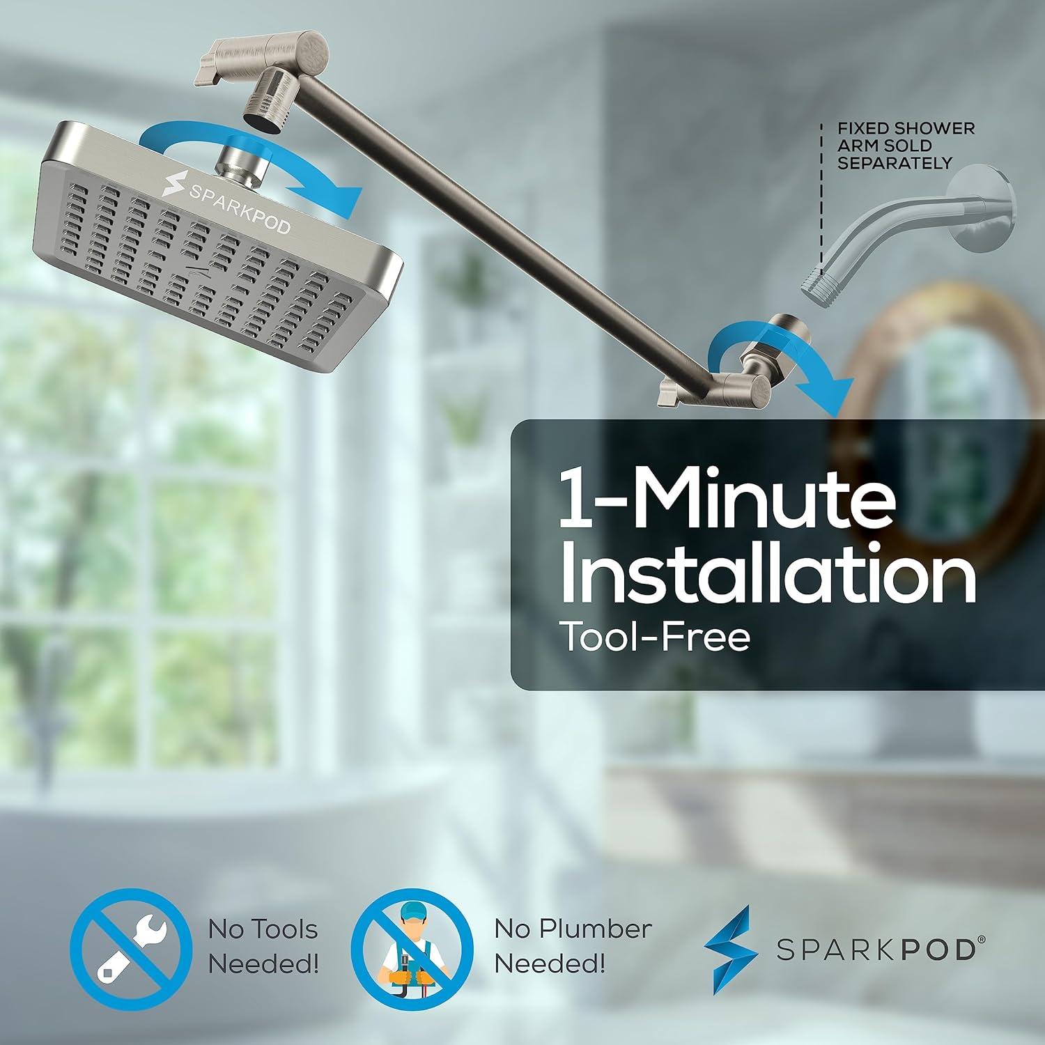 SparkPod Square Rain Shower Head with Shower Head Extension Arm - High Pressure Rain - Luxury Modern Look - No Hassle Tool-less 1-Min Installation (16" Shower Arm Extension, Elegant Brushed Nickel)