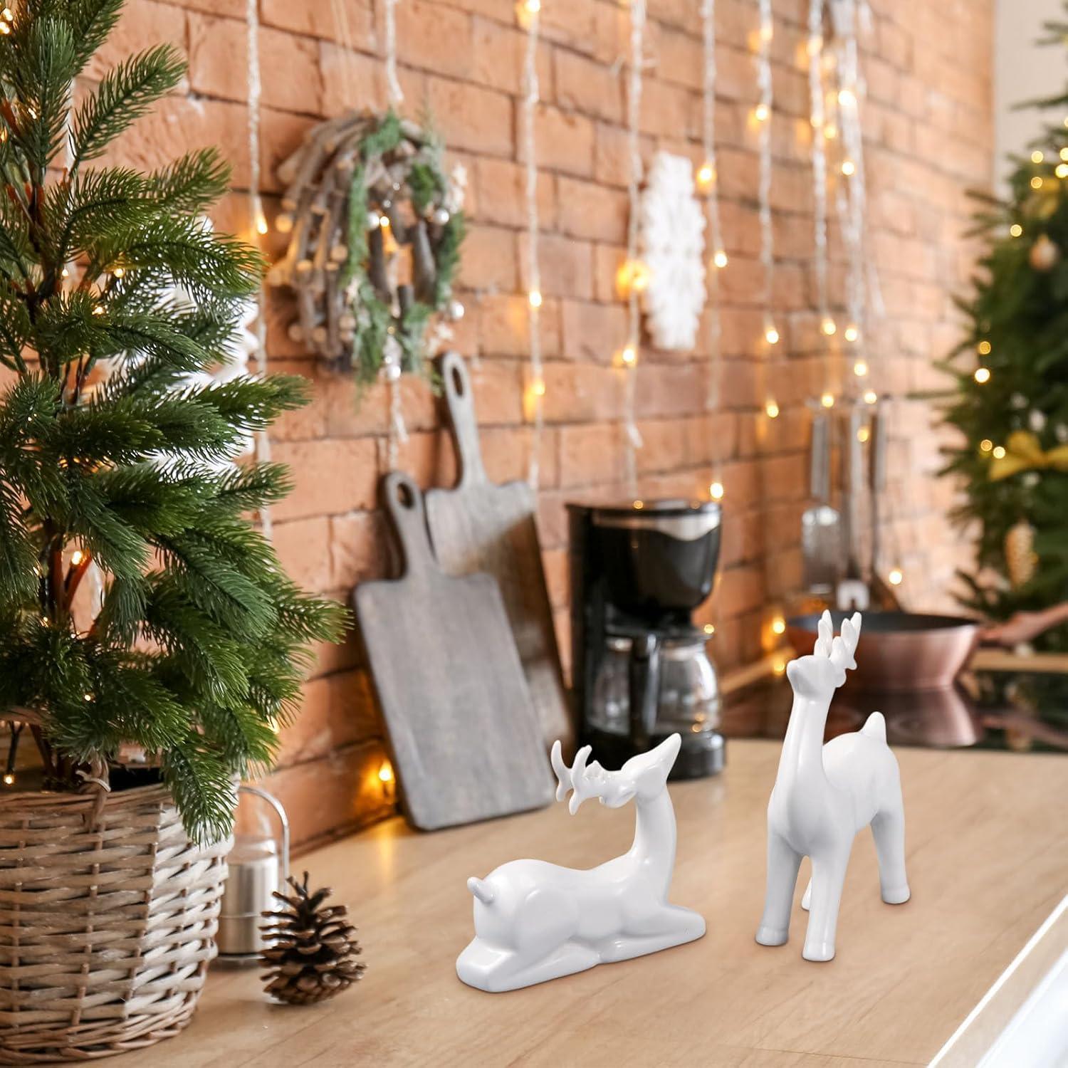 White Porcelain Christmas Deer Figurines Set