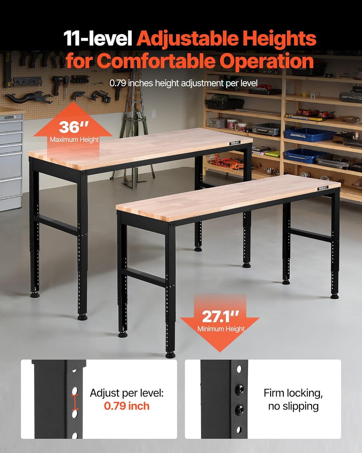 VEVOR 61'' W Wood Top Height-Adjustable Workbench