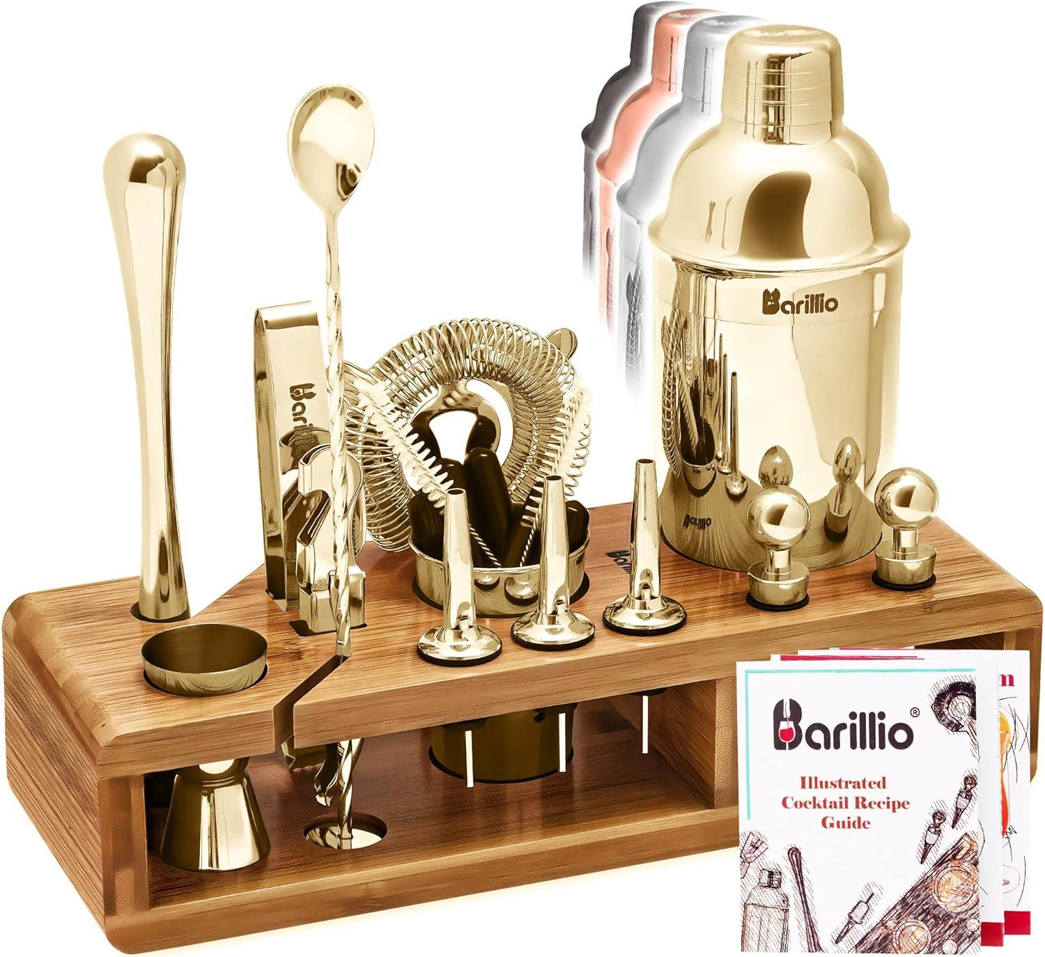 Gold Stainless Steel Bartender Kit with Bamboo Stand, 23-Piece