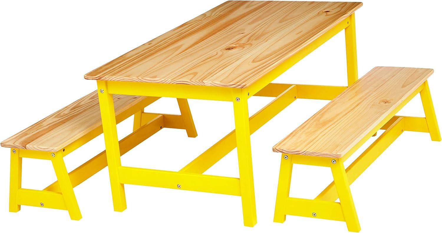 YUNWEN Indoor Kids Table and Bench Set, Natural, 3 Count (Pack of 1)