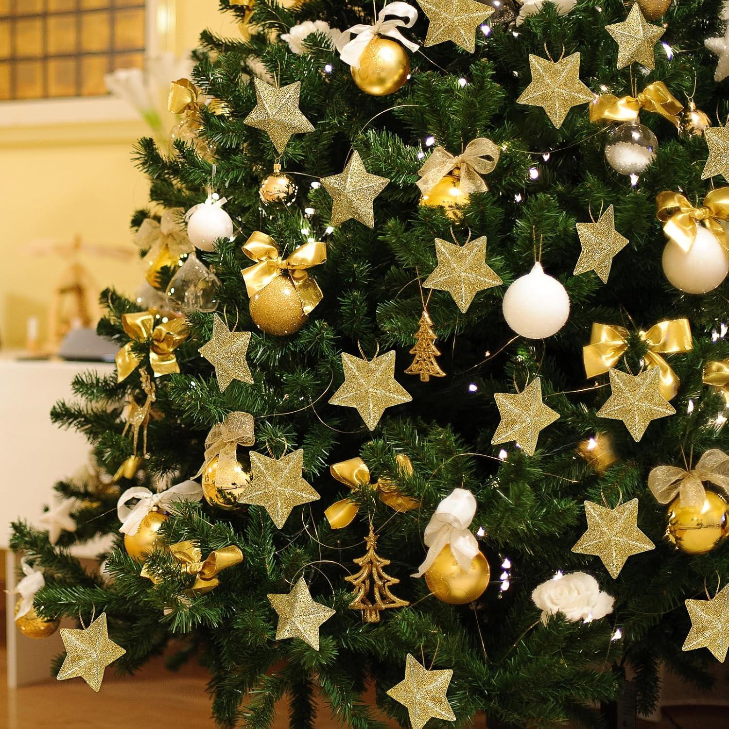 30Pcs Mini Gold Glitter Star Pendant Christmas Tree Hanging Decorations Xmas Star Pendant Tree Ornament Decoration for Christmas