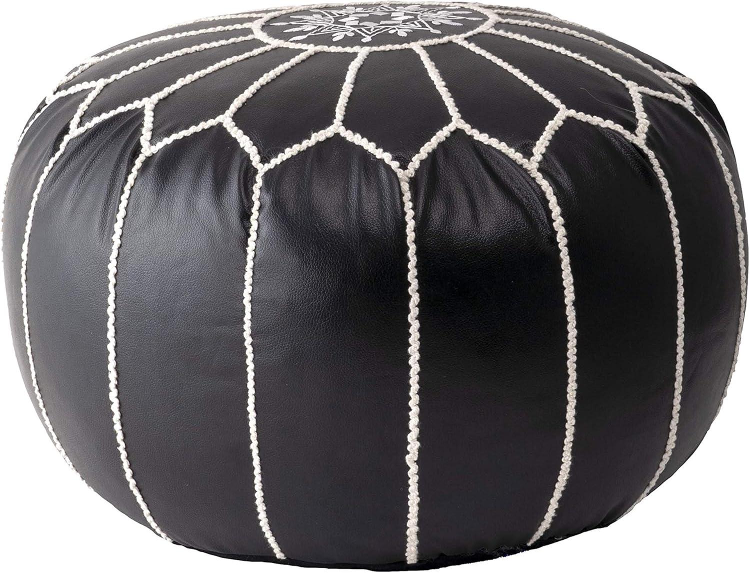 Classic Moroccan Round Faux Leather Pouf Ottoman - Black