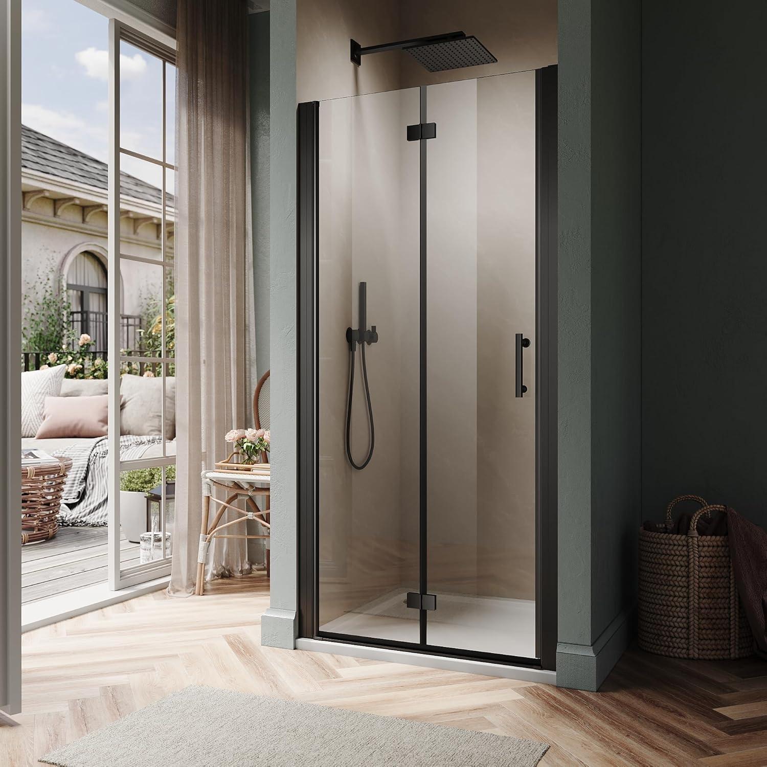 Matte Black Frameless Bifold Glass Shower Door 30" x 72"