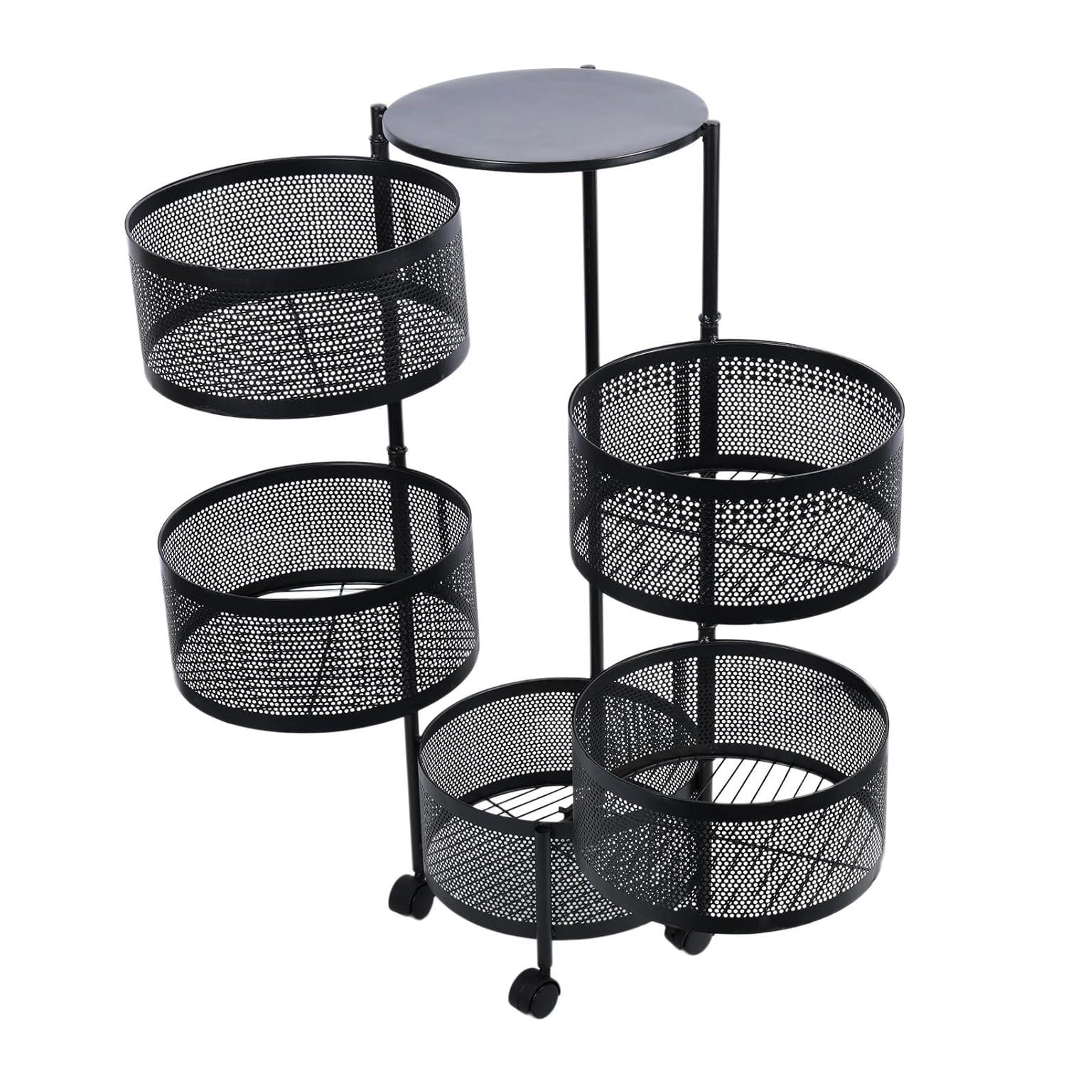 17 Stories Kitchen Storage Cart,5 Tier Circular Rotating Basket,Large Storage Rack with 360 Degree Wheels