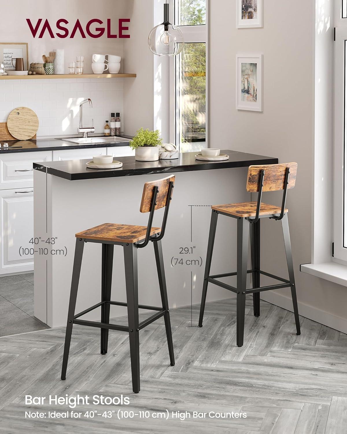 VASAGLE 2 Pack Bar Stools, Bar Height Stools, Tall Bar Stools with Back, Rustic Brown and Black