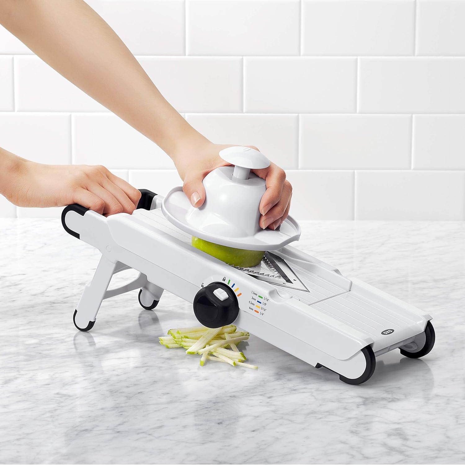 White Adjustable V-Blade Mandoline Slicer with Safety Holder