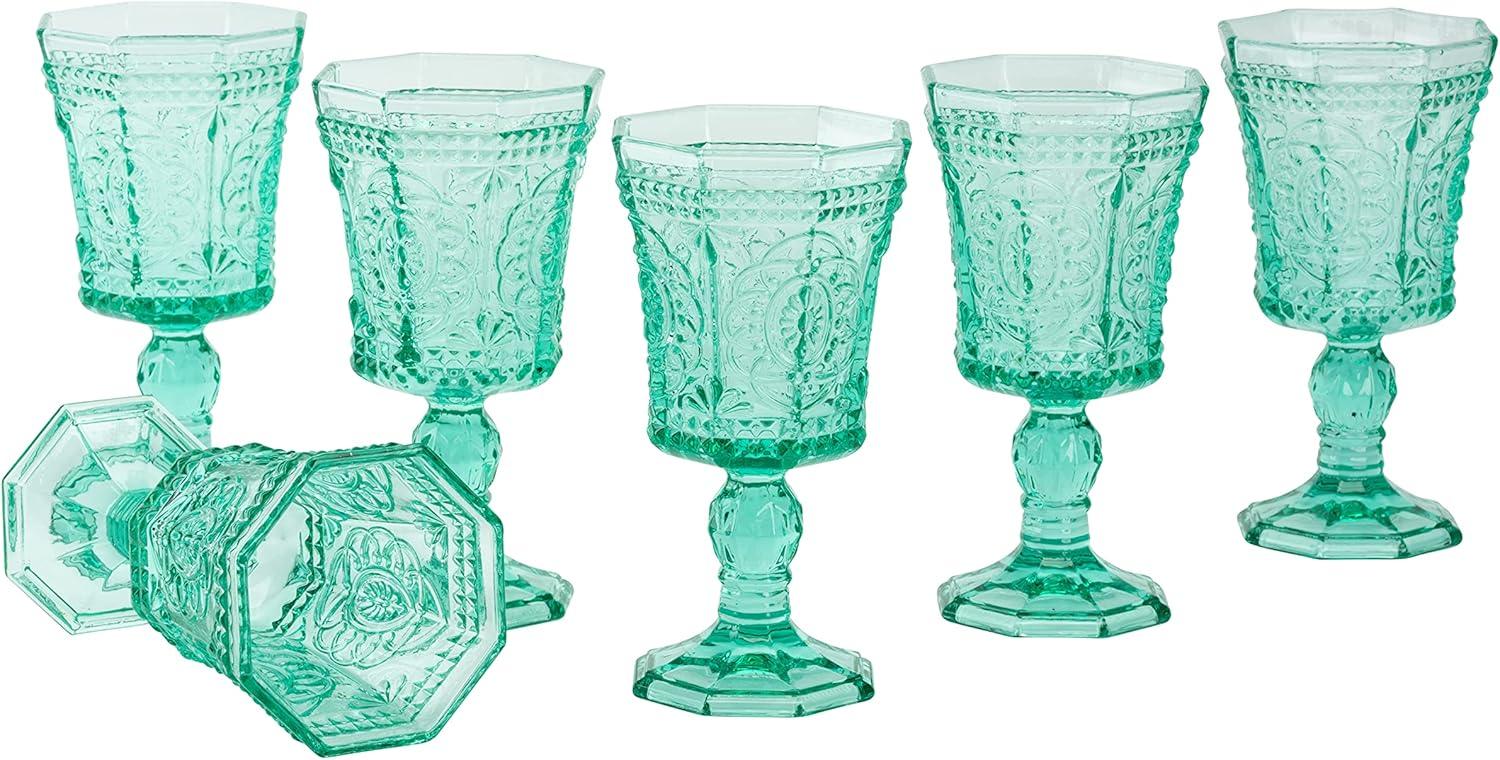 Turquoise Embossed Glass Vintage Red Wine Goblets, Set of 6