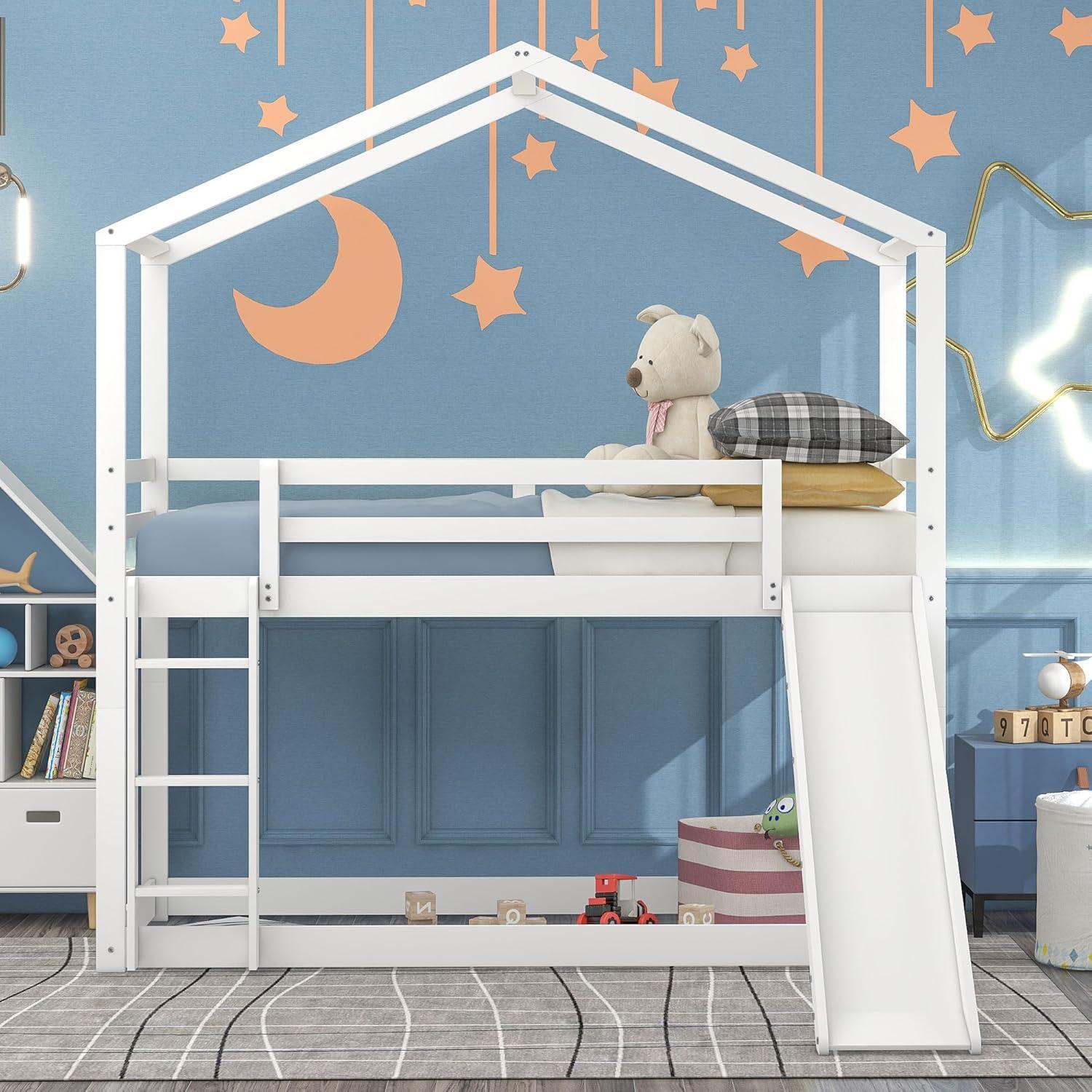 Kids House Bunk Bed with Slide, Solid Wood Bunk Beds Twin Over Twin Size with High Guardrail, Able to Split, Kids Loft/Bunk Bed, Storage Space, Noise Free, Easy Assembly (White)