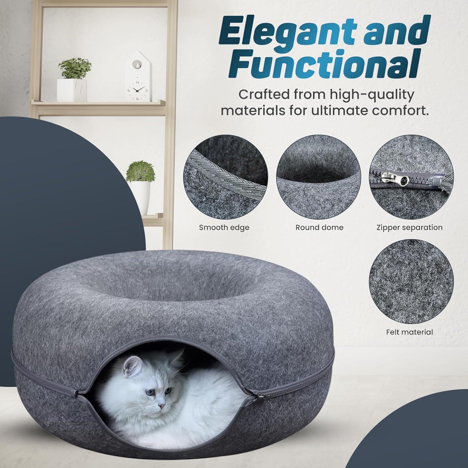 Peekaboo Cat Cave For Multiple & Large Cats Up To 30-45 Lbs, Scratch Detachable & Washable Tunnel Bed, Comfy Donut Cat Cave