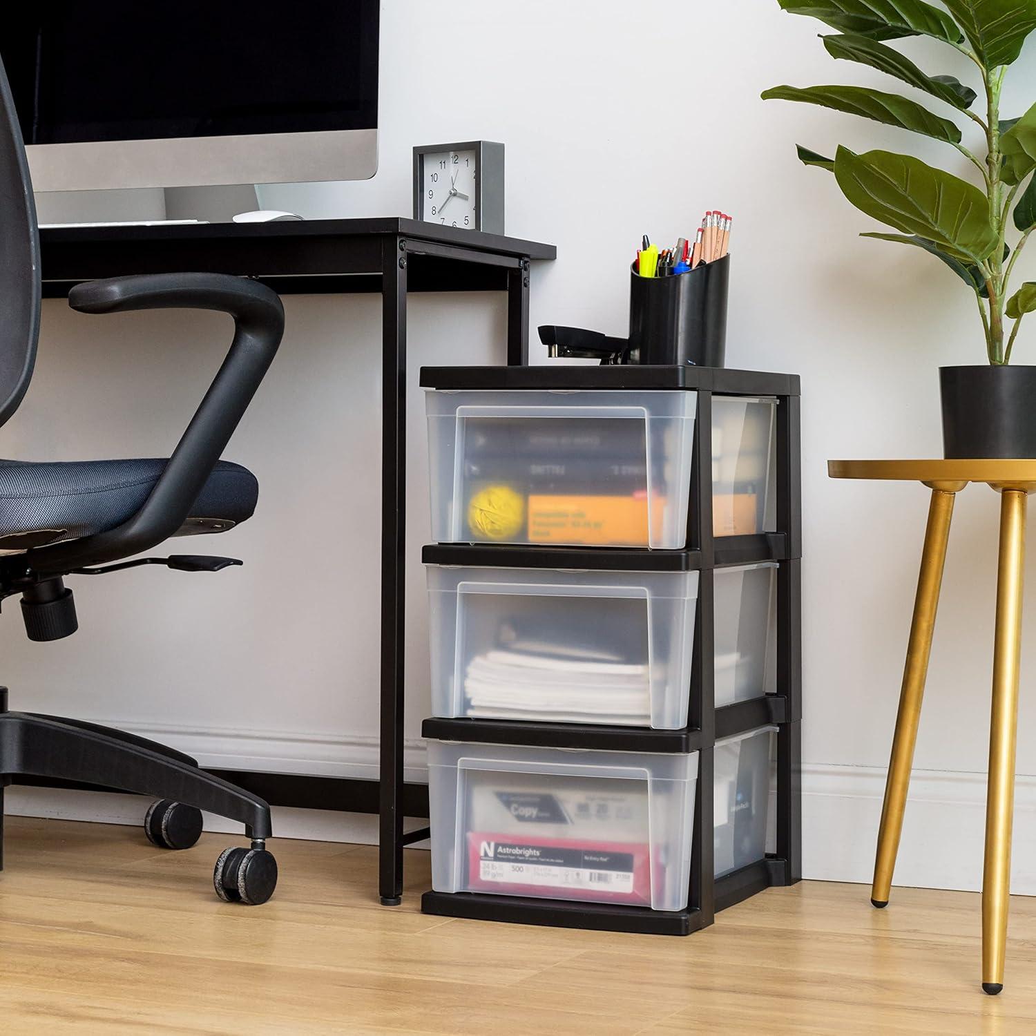 IRIS USA 3-Drawer Plastic Storage Dresser, 2-Pack, Standing Organizer Storage Container Bin with Drawers for Clothes Crafts Classroom, Black/Clear