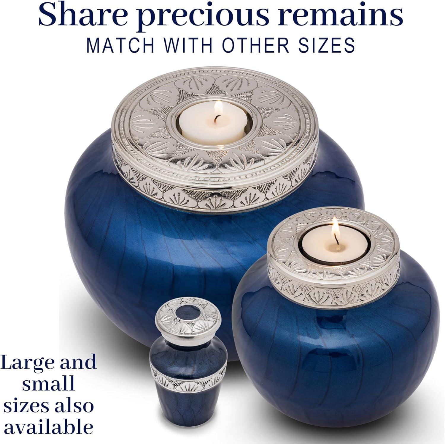 FOVERE – Mini Keepsake Urn for Human Ashes - Small Blue Cremation Urns with Elegant Silver Engraving – Holds a Small Portion of Ashes – 100% Handcrafted Decorative Urns for Human Ashes – Navy Blue